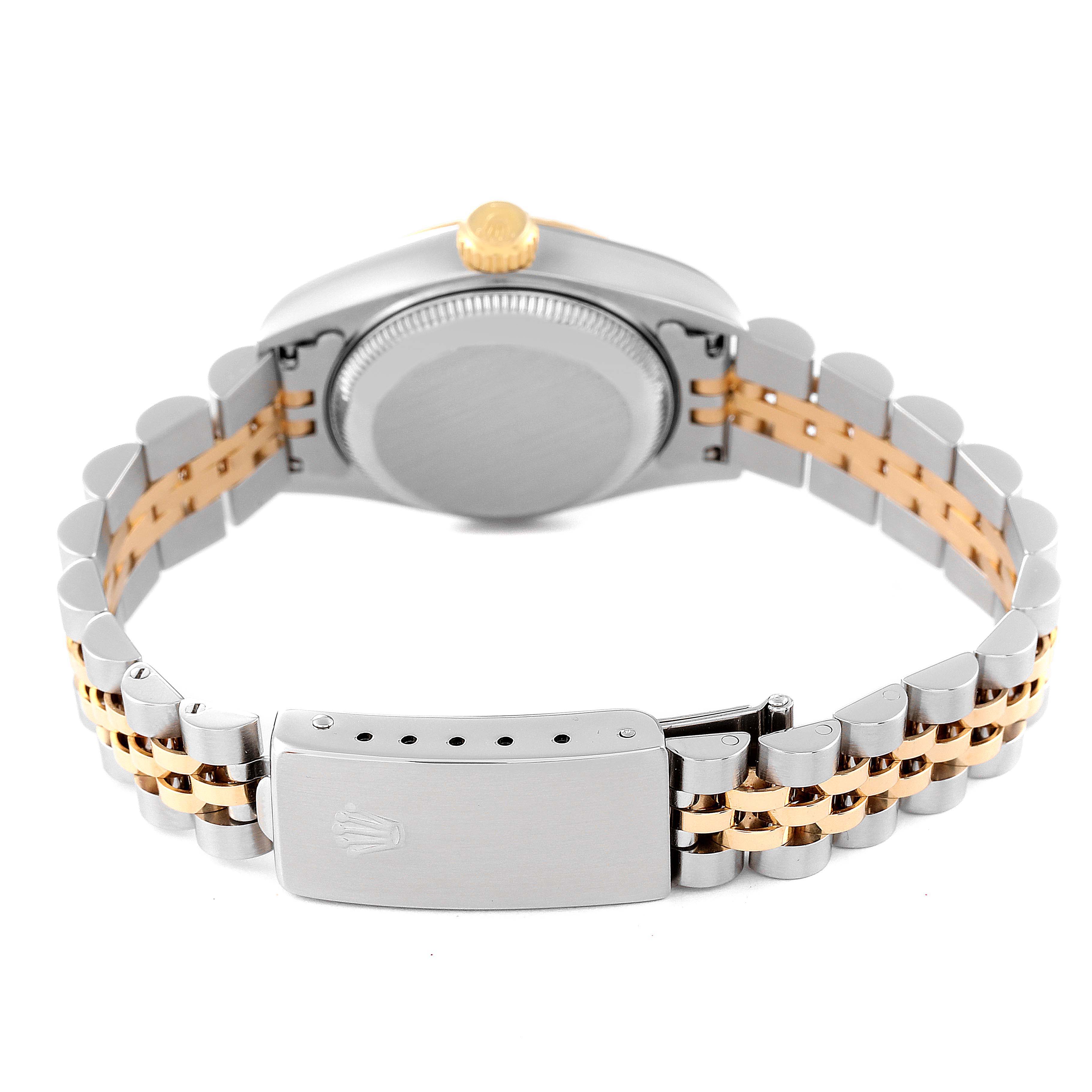 This image shows the back and bracelet clasp of a Rolex Datejust 69173 Women's Steel and Gold (two tone) Beige Dial 69173 Women's Steel and Gold (two tone) Beige Dial watch.