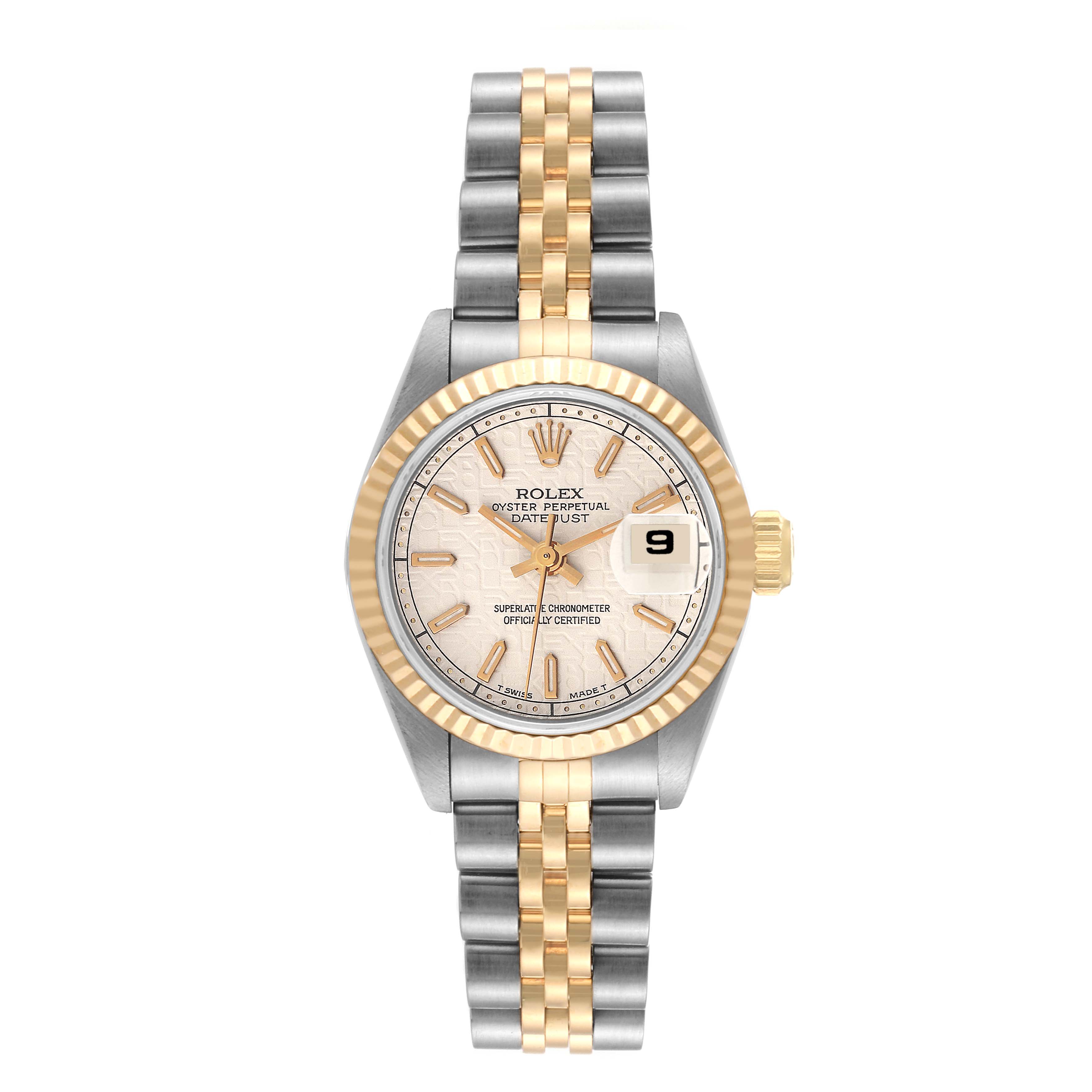 The image shows a front view of a Rolex Datejust 69173 Women's Steel and Gold (two tone) Beige Dial 69173 Women's Steel and Gold (two tone) Beige Dial watch, featuring a two-tone bracelet and a fluted bezel.