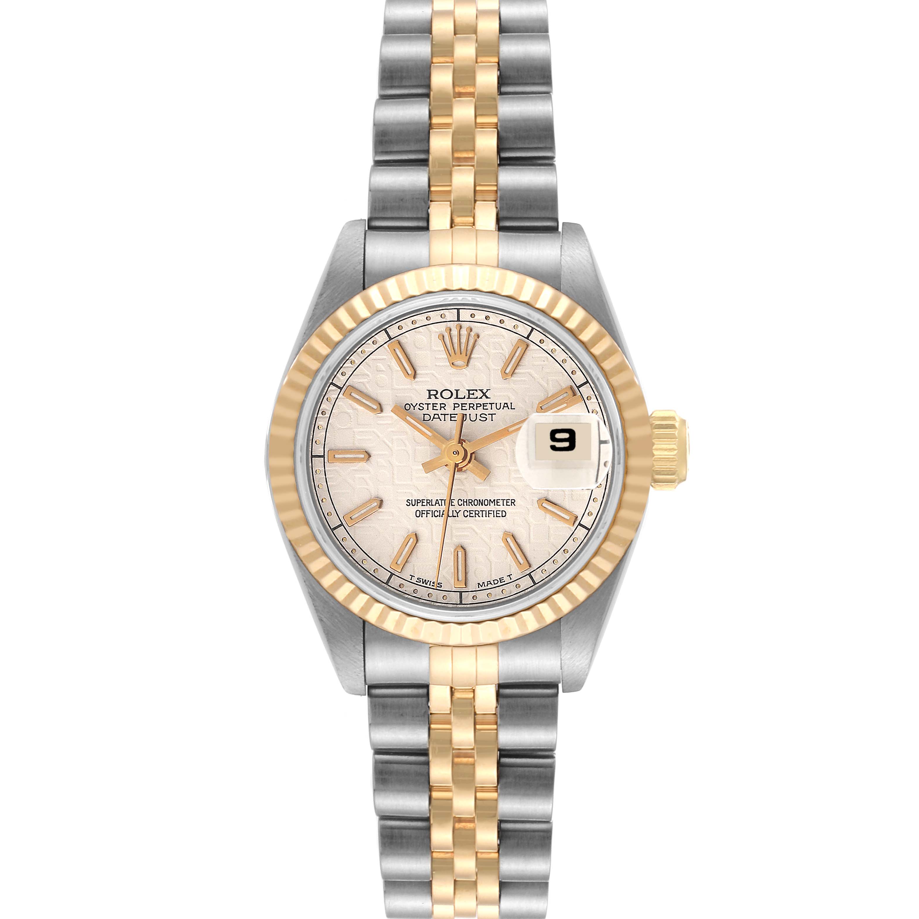 This is a front view of a Rolex Datejust 69173 Women's Steel and Gold (two tone) Beige Dial 69173 Women's Steel and Gold (two tone) Beige Dial watch showing the dial, bezel, bracelet, and date window.