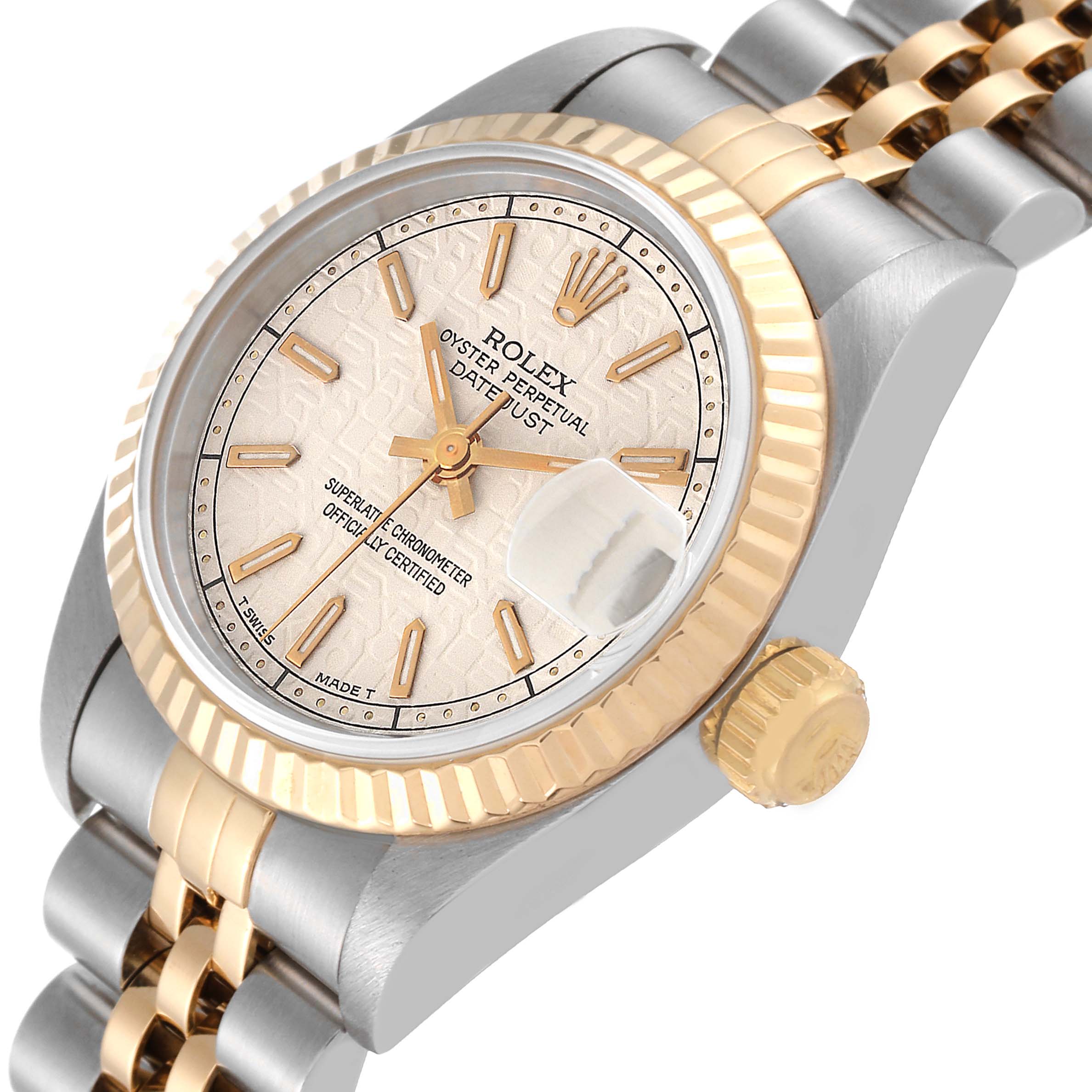 The image shows a close-up of a Rolex Datejust 69173 Women's Steel and Gold (two tone) Beige Dial 69173 Women's Steel and Gold (two tone) Beige Dial watch highlighting the dial, bezel, crown, and part of the bracelet.