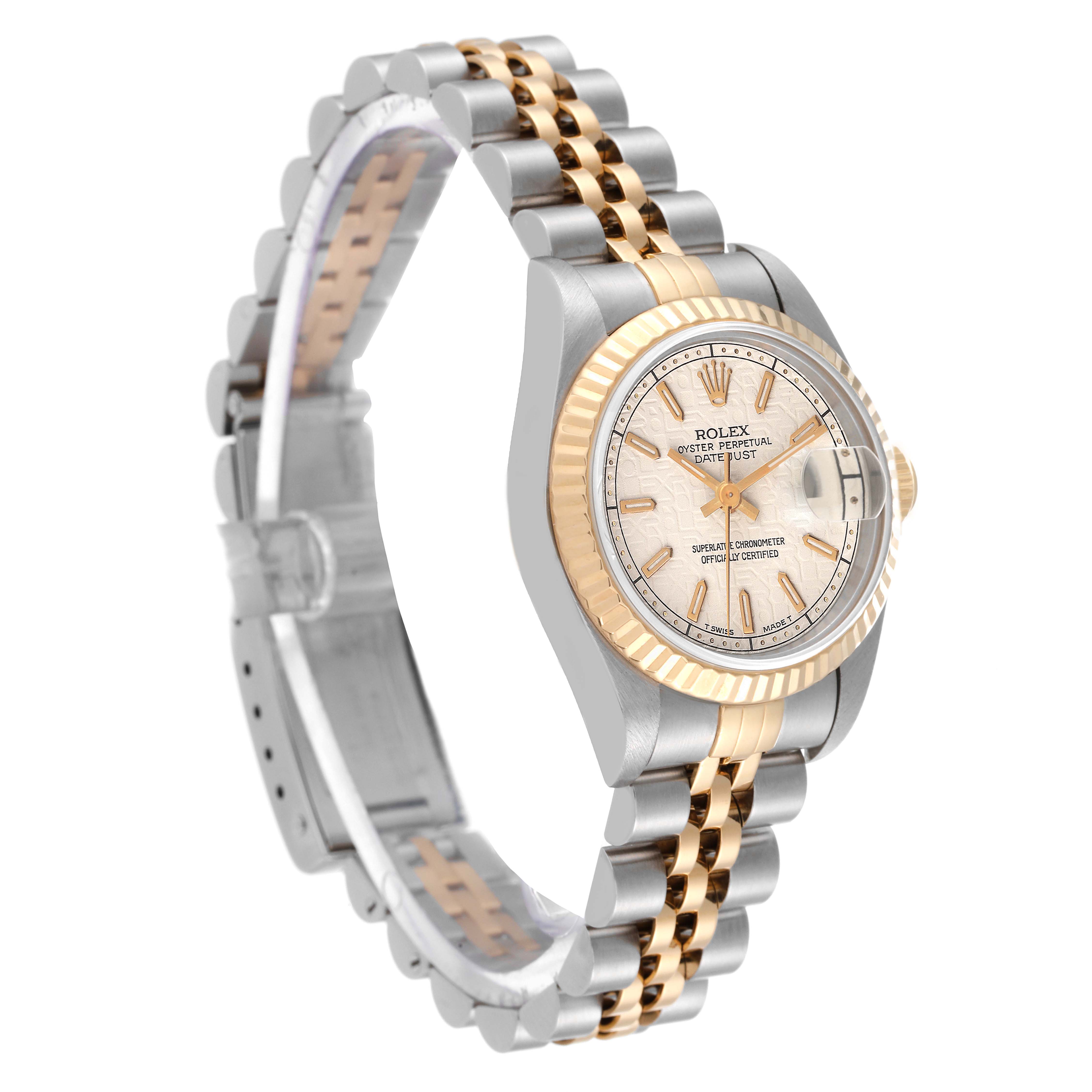 The Rolex Datejust 69173 Women's Steel and Gold (two tone) Beige Dial 69173 Women's Steel and Gold (two tone) Beige Dial watch is shown at a three-quarter angle, displaying its face, bezel, and two-tone bracelet.