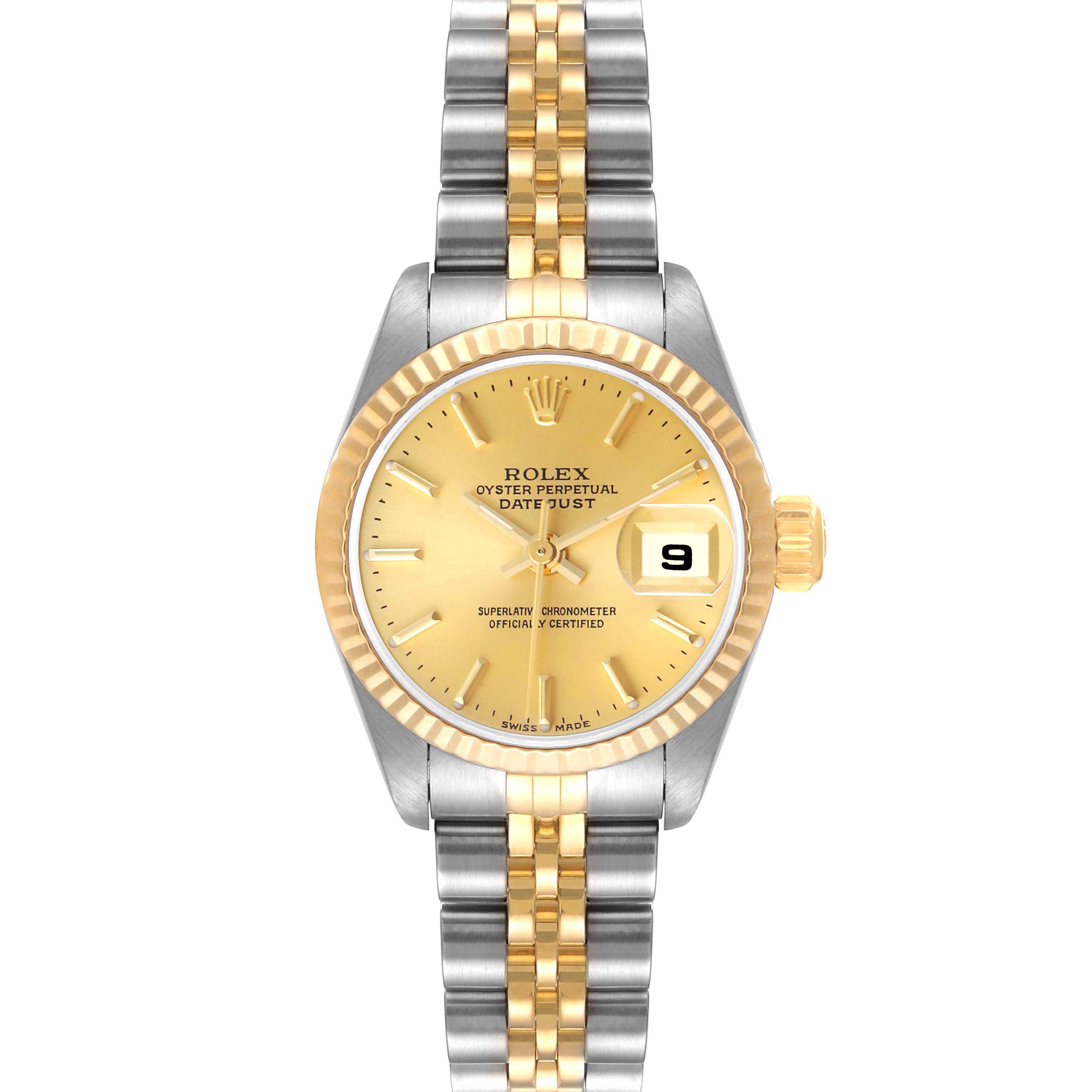 This image shows a Rolex Datejust 79173 Women's Steel and Gold (two tone) Champagne Dial 79173 Women's Steel and Gold (two tone) Champagne Dial watch from a front view, highlighting the dial, bezel, and bracelet.