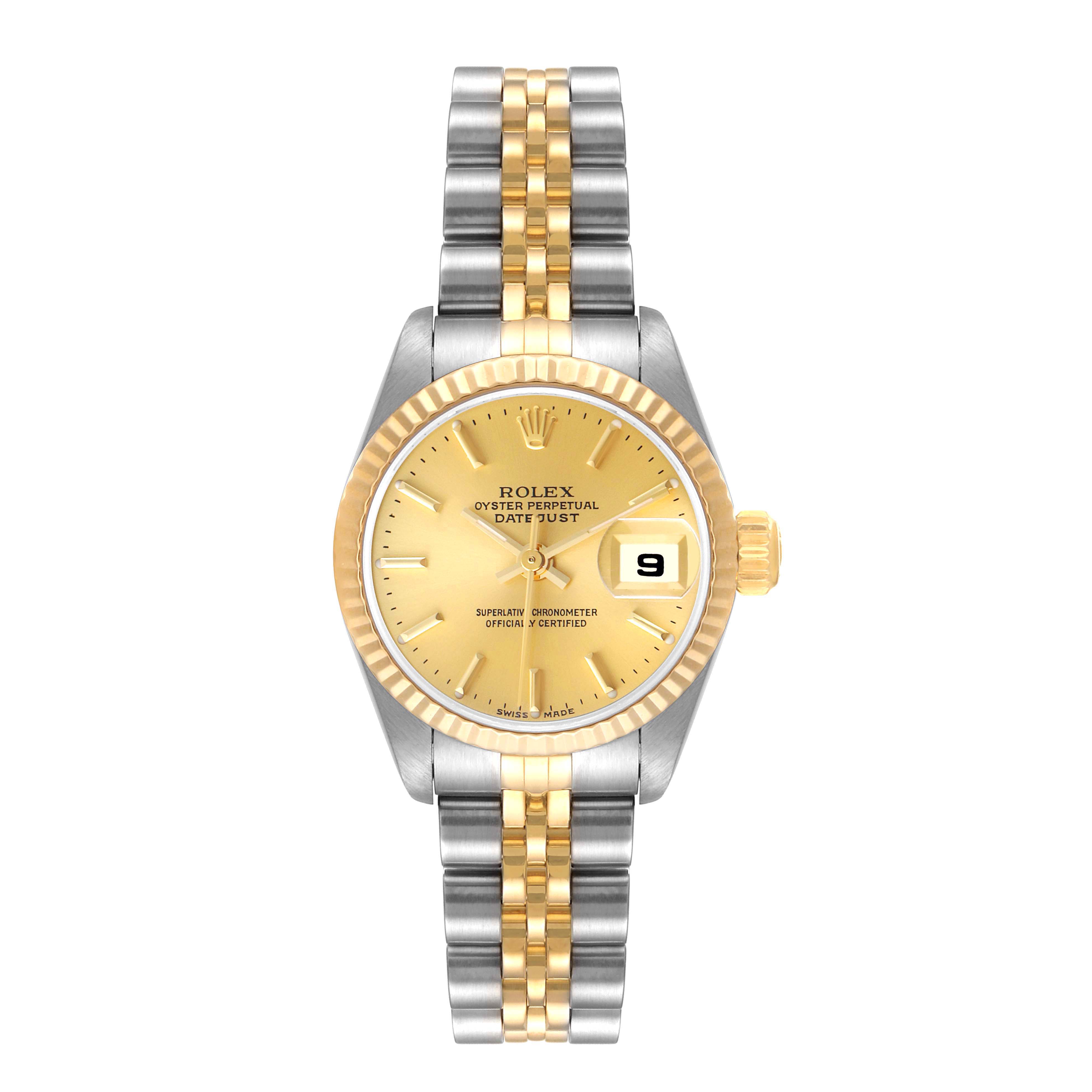 The image shows a Rolex Datejust 79173 Women's Steel and Gold (two tone) Champagne Dial 79173 Women's Steel and Gold (two tone) Champagne Dial watch face and its two-tone bracelet from a straight-on angle.