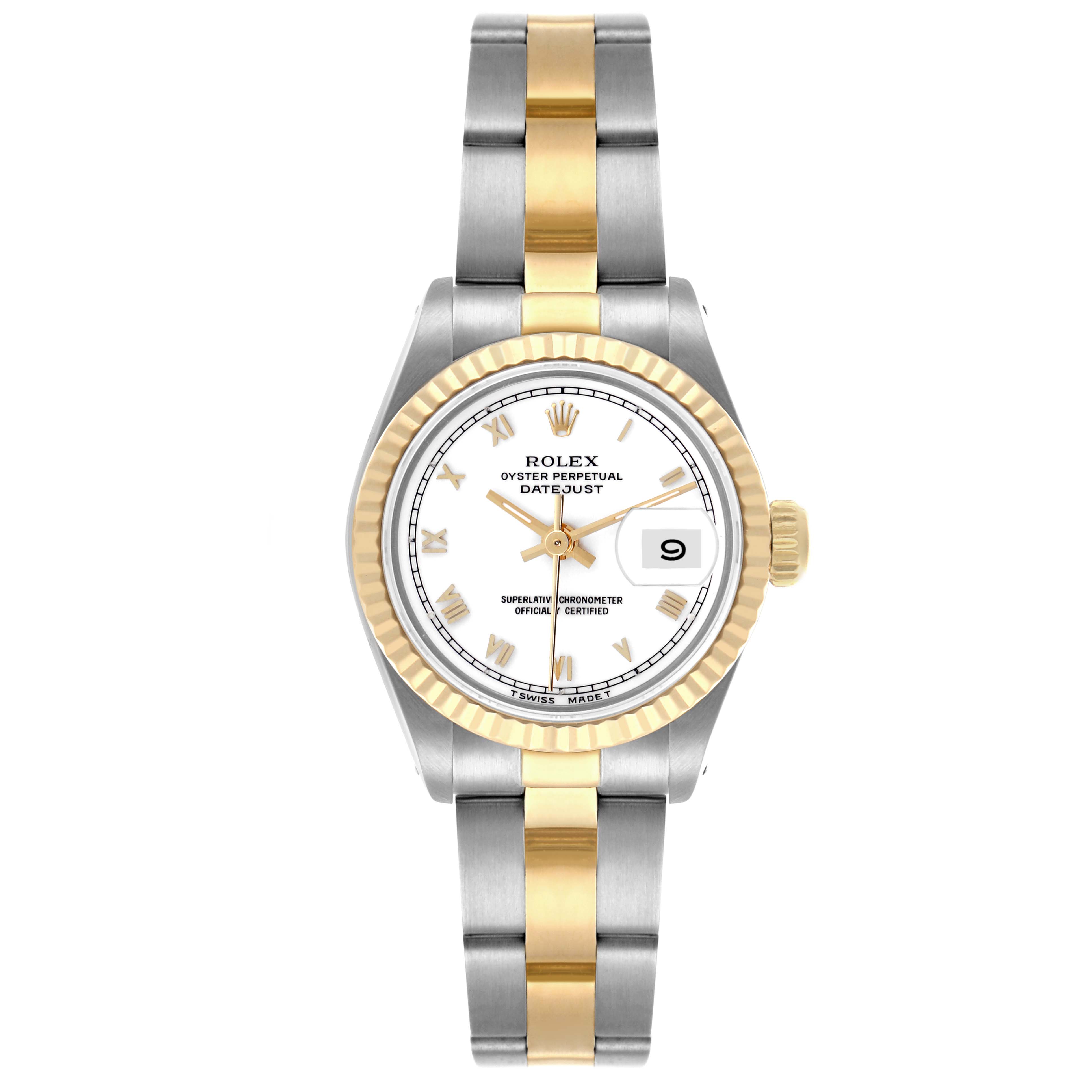 The Rolex Datejust 69173 Women's Steel and Gold (two tone) White Dial 69173 Women's Steel and Gold (two tone) White Dial watch is shown from a top-down angle, highlighting the face, bezel, and two-tone bracelet.