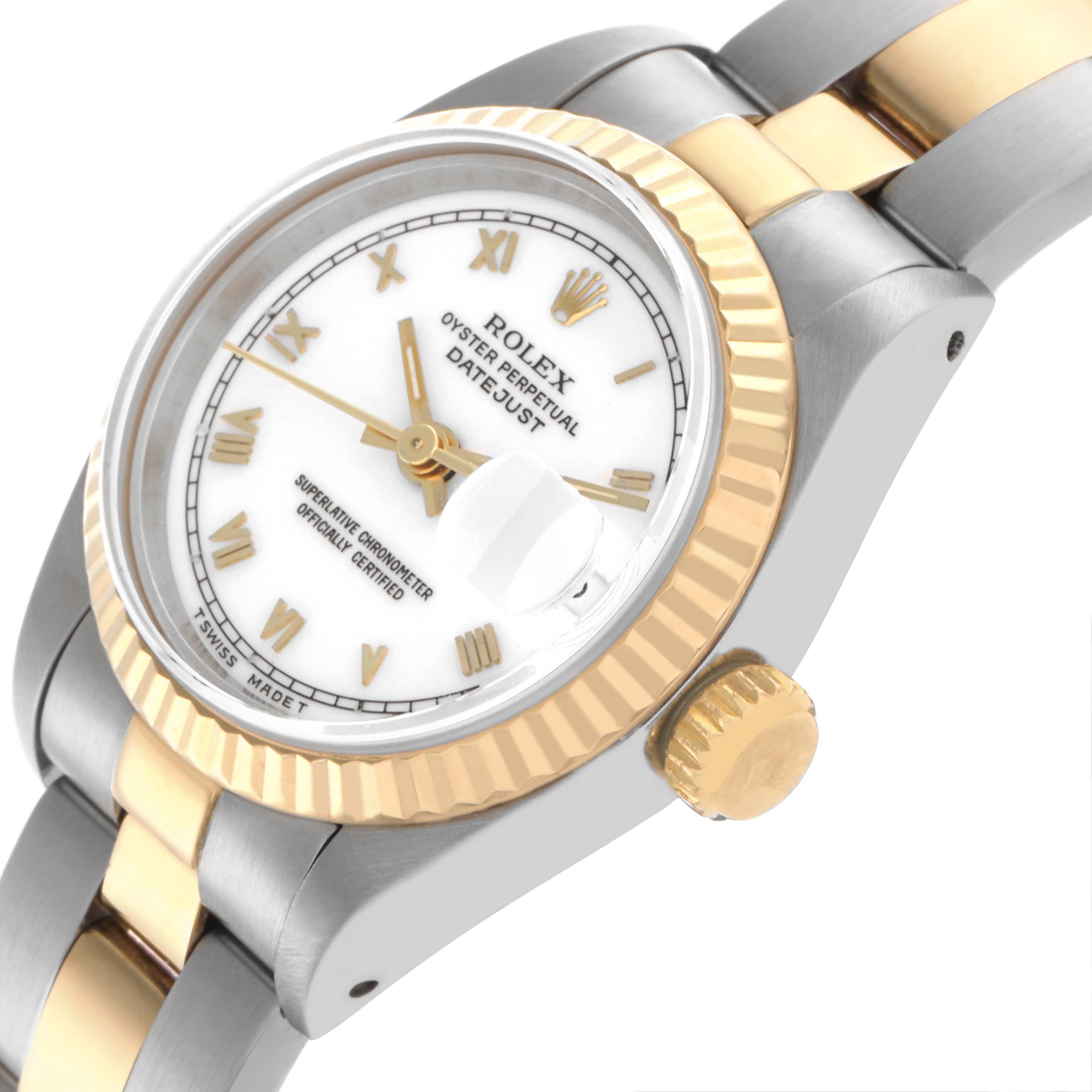 The Rolex Datejust 69173 Women's Steel and Gold (two tone) White Dial 69173 Women's Steel and Gold (two tone) White Dial watch is shown at an angled side view, highlighting the bezel, crown, and bracelet.