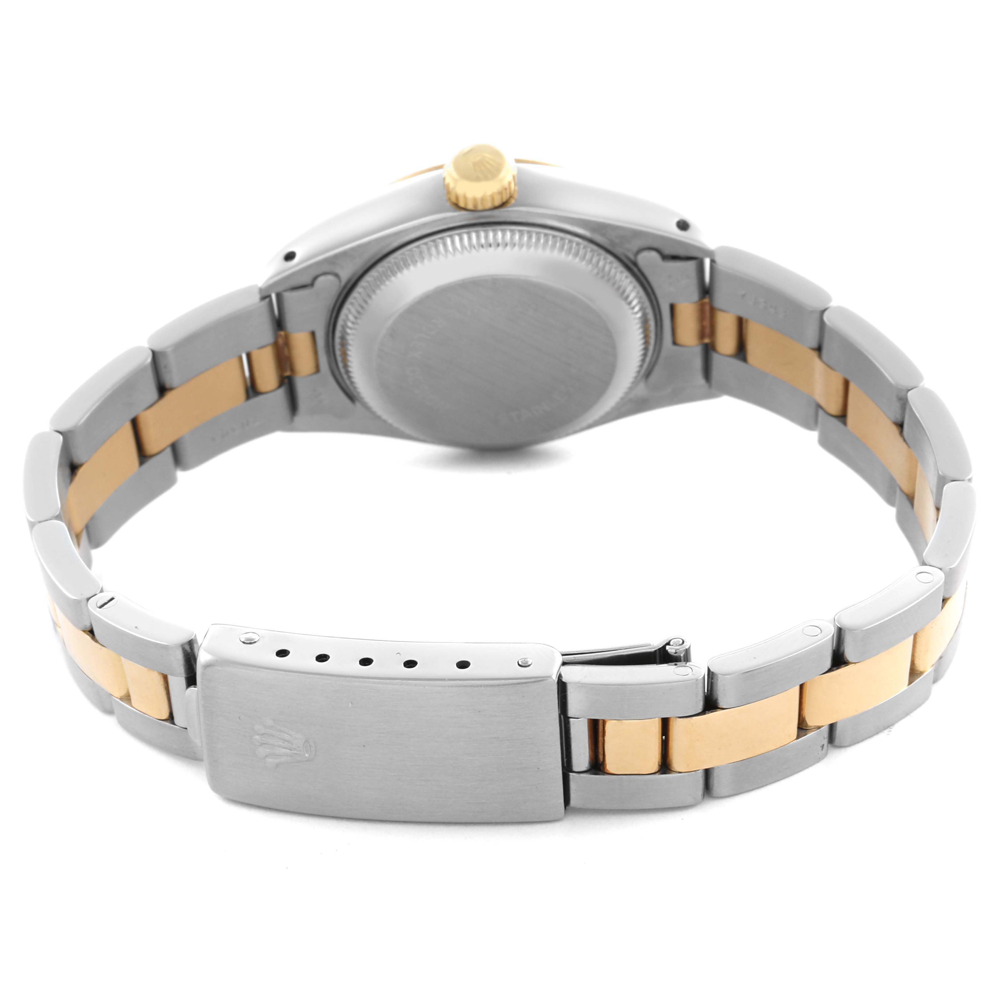 The image shows the back of a Rolex Datejust 69173 Women's Steel and Gold (two tone) White Dial 69173 Women's Steel and Gold (two tone) White Dial watch, highlighting the case back, crown, and two-tone bracelet with clasp.