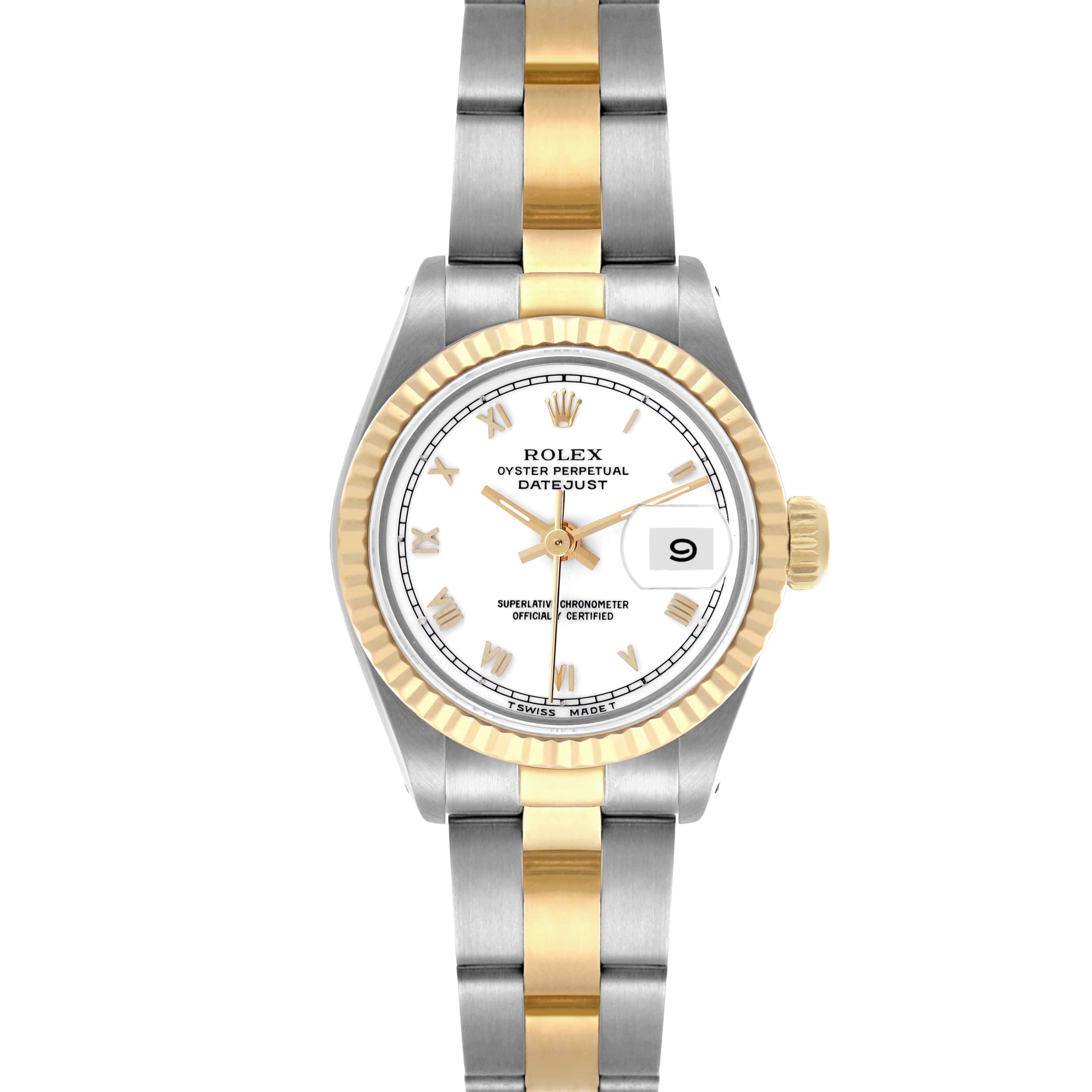 The image shows a frontal view of a Rolex Datejust 69173 Women's Steel and Gold (two tone) White Dial 69173 Women's Steel and Gold (two tone) White Dial watch, displaying the bezel, dial, hands, and part of the bracelet.