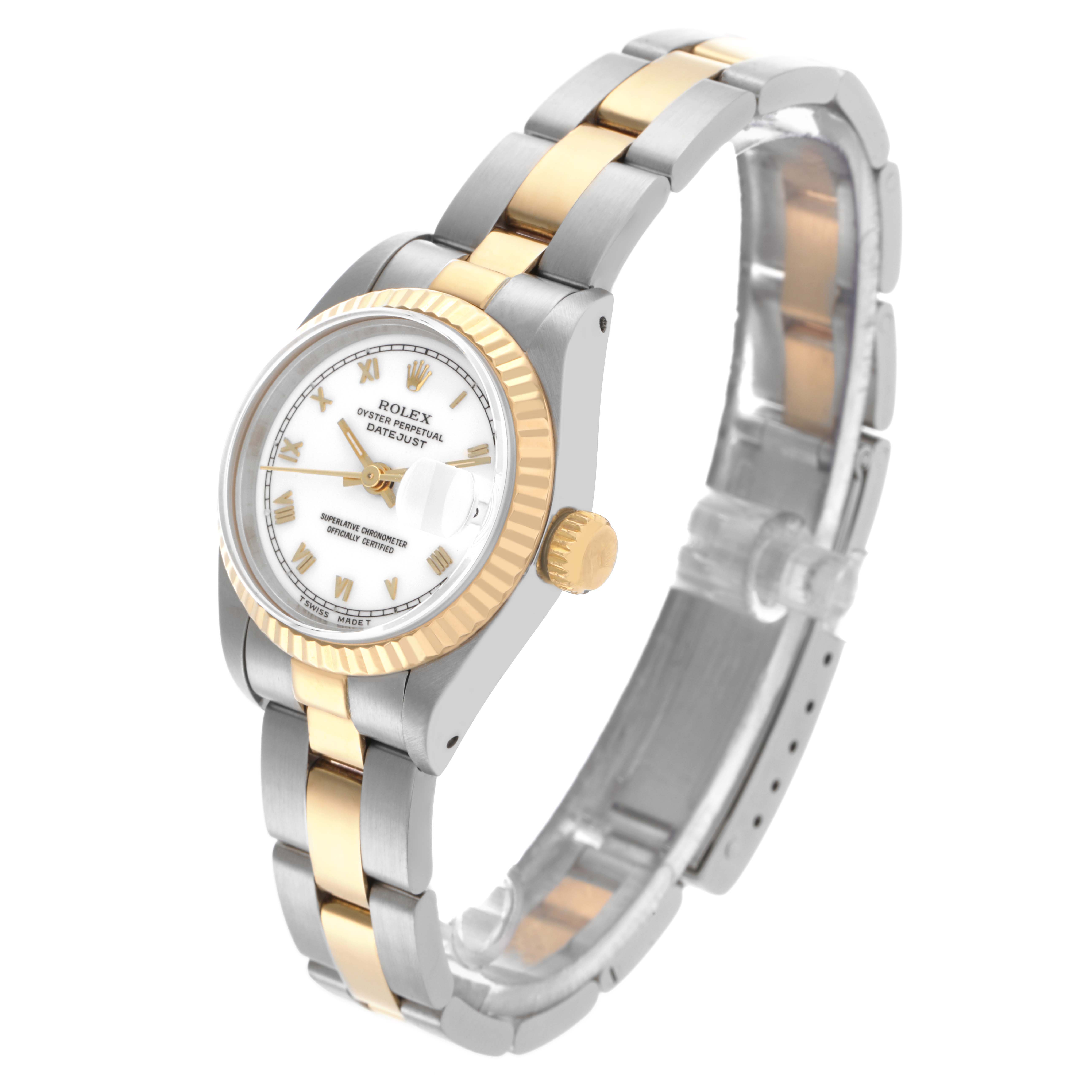The Rolex Datejust 69173 Women's Steel and Gold (two tone) White Dial 69173 Women's Steel and Gold (two tone) White Dial watch is shown at an angled side view, highlighting the dial, bezel, crown, and two-tone bracelet.