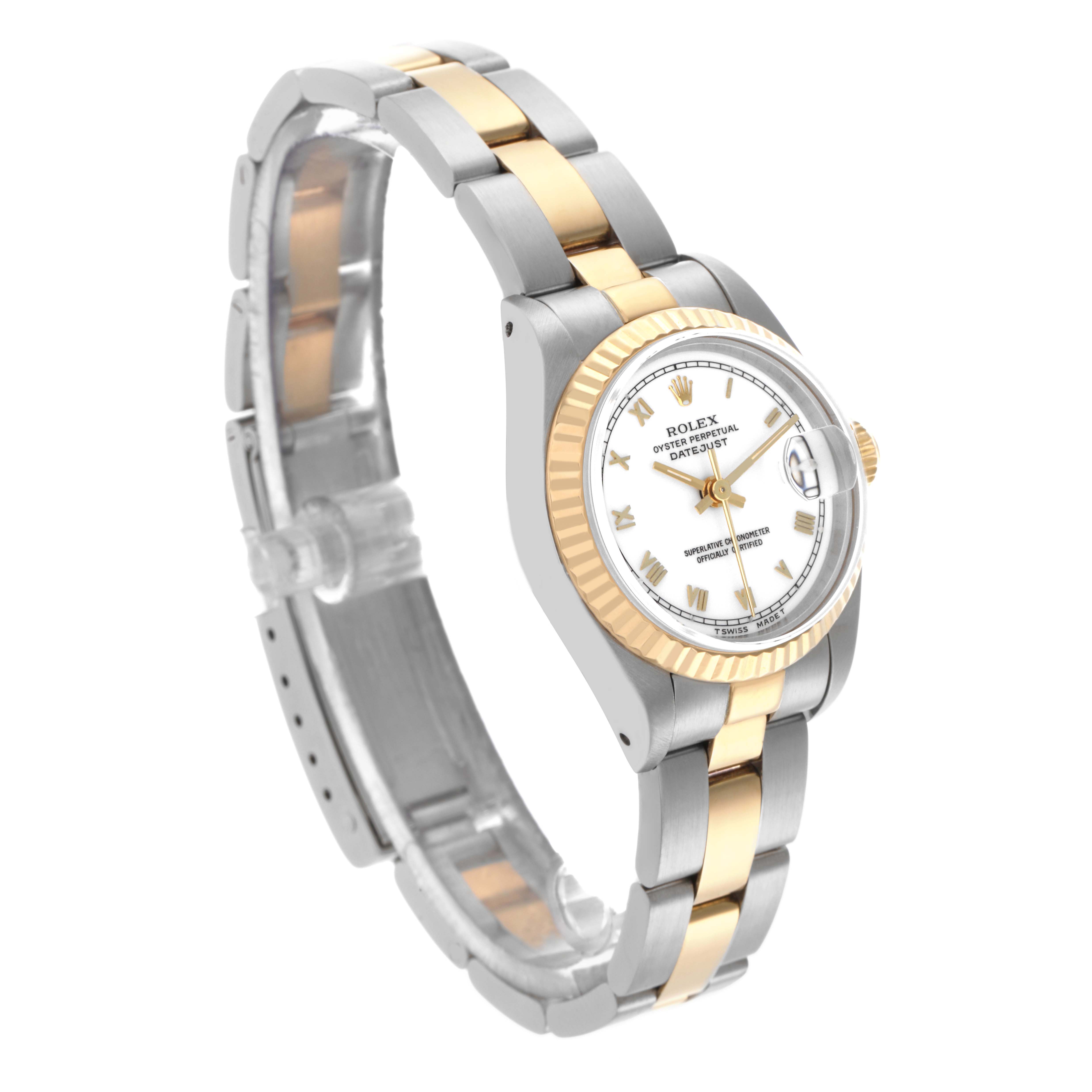The Rolex Datejust 69173 Women's Steel and Gold (two tone) White Dial 69173 Women's Steel and Gold (two tone) White Dial watch is shown at an angled side view, highlighting the dial, bezel, and two-tone bracelet.