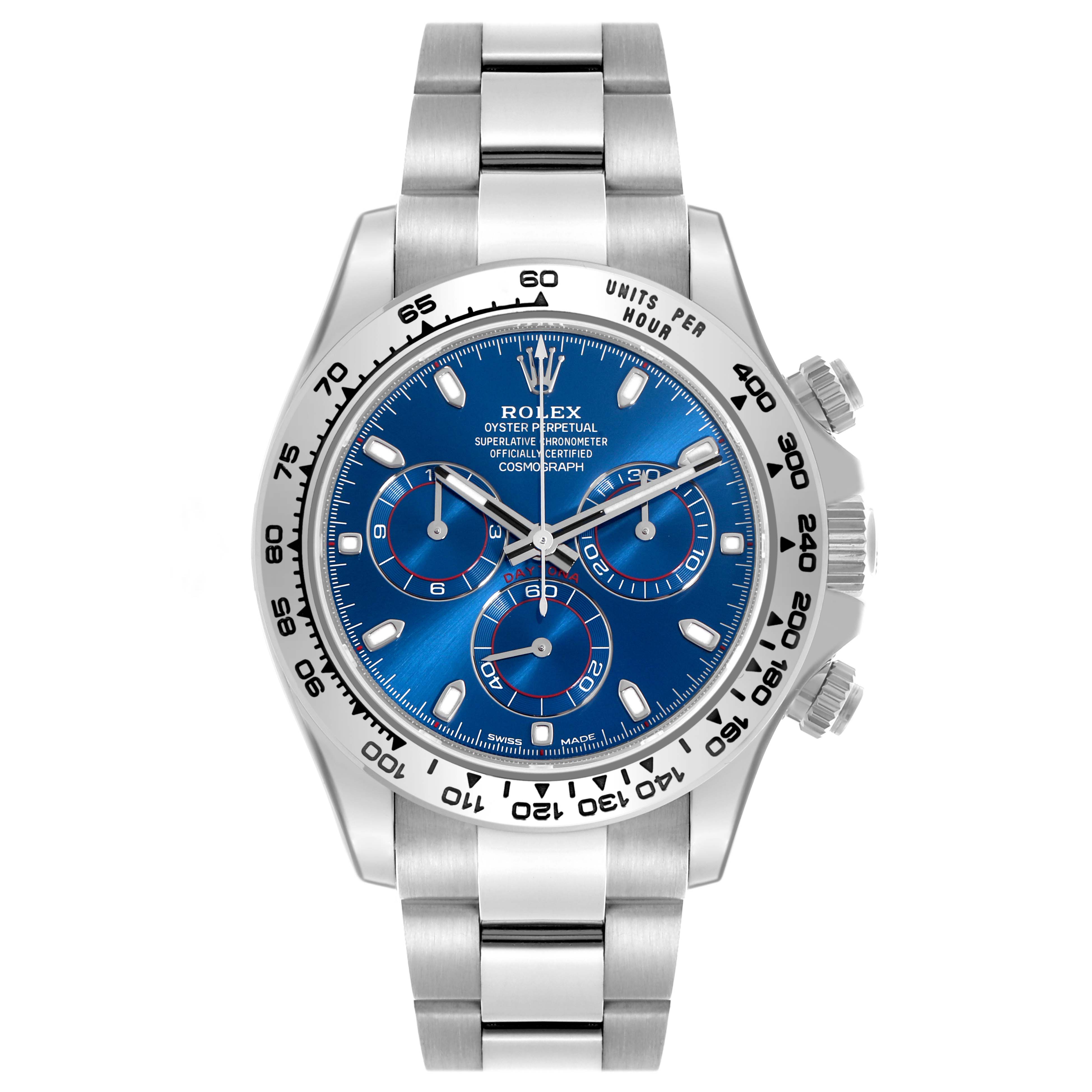 The Rolex Daytona 116509 Men's White Gold Blue Dial 116509 Men's White Gold Blue Dial watch is shown from a front angle, highlighting the face, bezel, and bracelet.