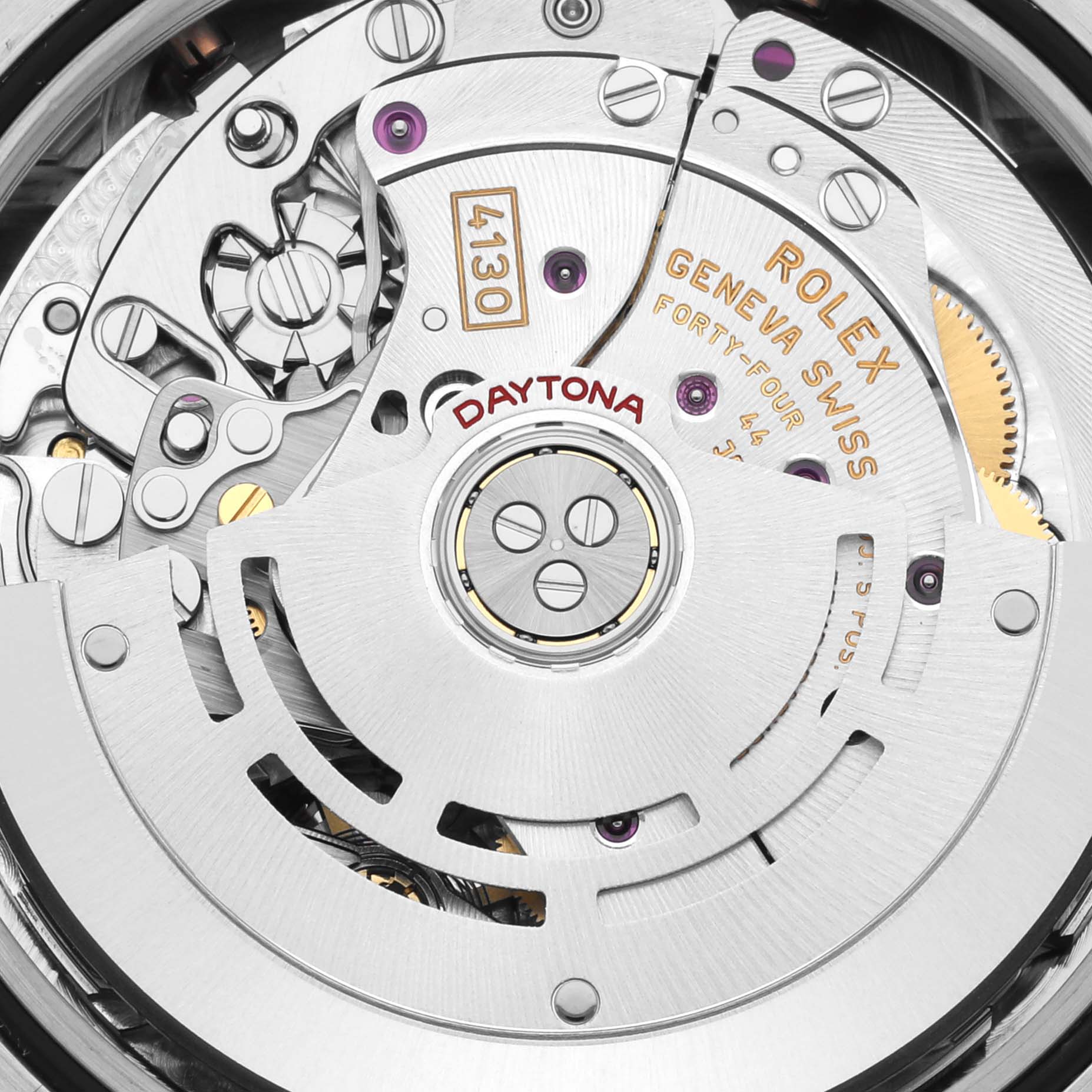 The image shows a close-up of the Rolex Daytona 116509 Men's White Gold Blue Dial 116509 Men's White Gold Blue Dial's movement, featuring details of the rotor and other internal components.