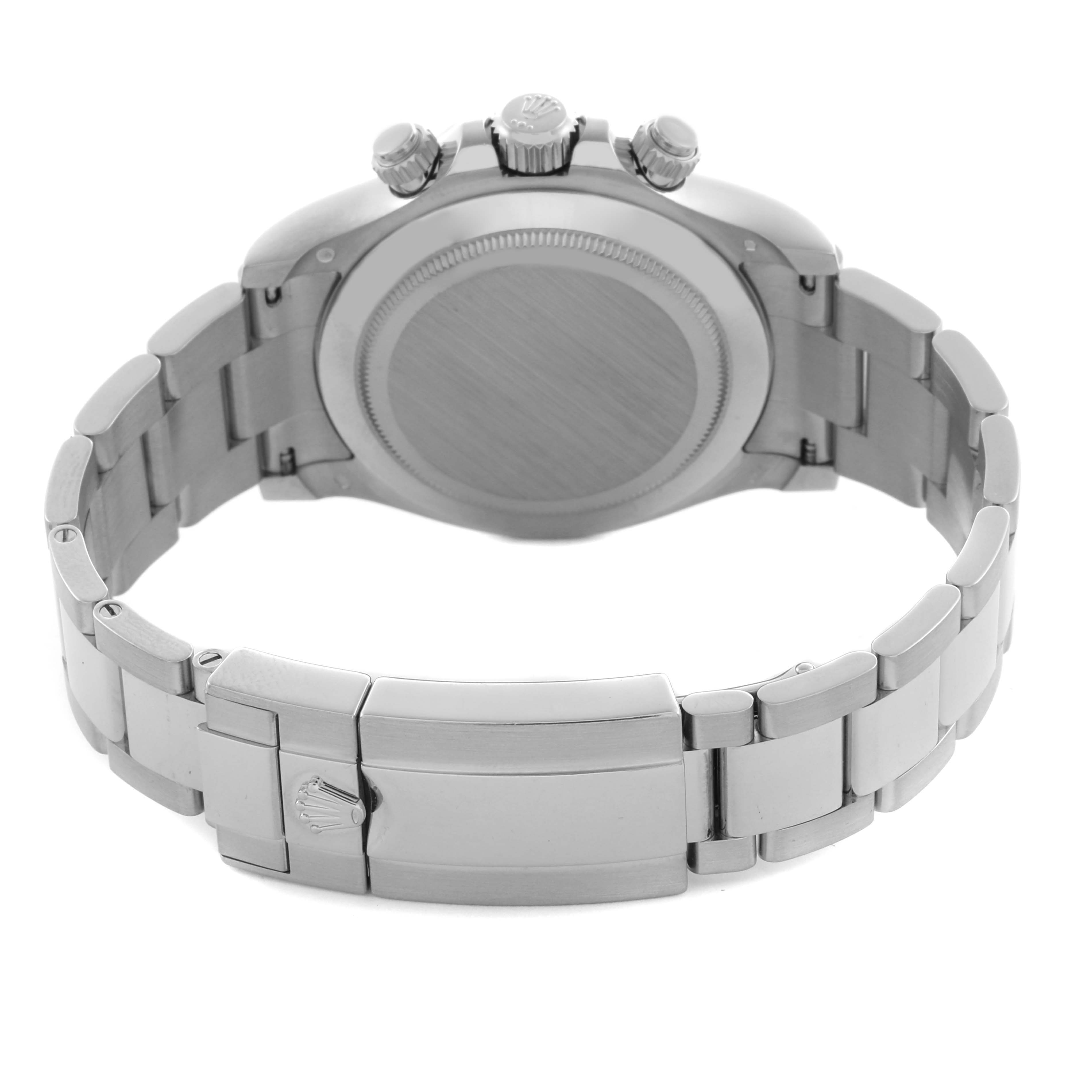 The Rolex Daytona 116509 Men's White Gold Blue Dial 116509 Men's White Gold Blue Dial watch is shown from the backside, highlighting the clasp, bracelet, and the case back.