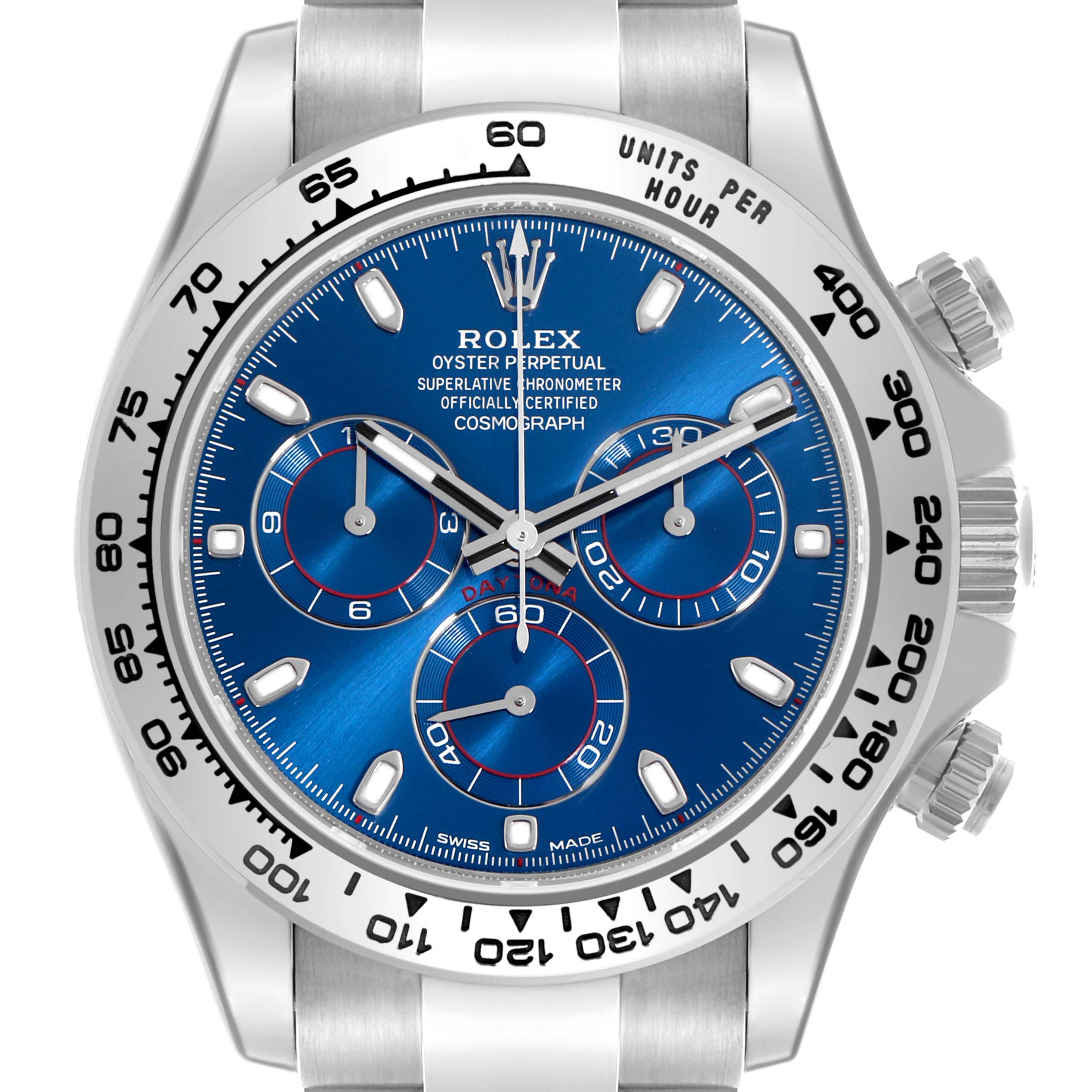 The Rolex Daytona 116509 Men's White Gold Blue Dial 116509 Men's White Gold Blue Dial watch is shown from the front, highlighting its blue dial, subdials, bezel, and pushers.