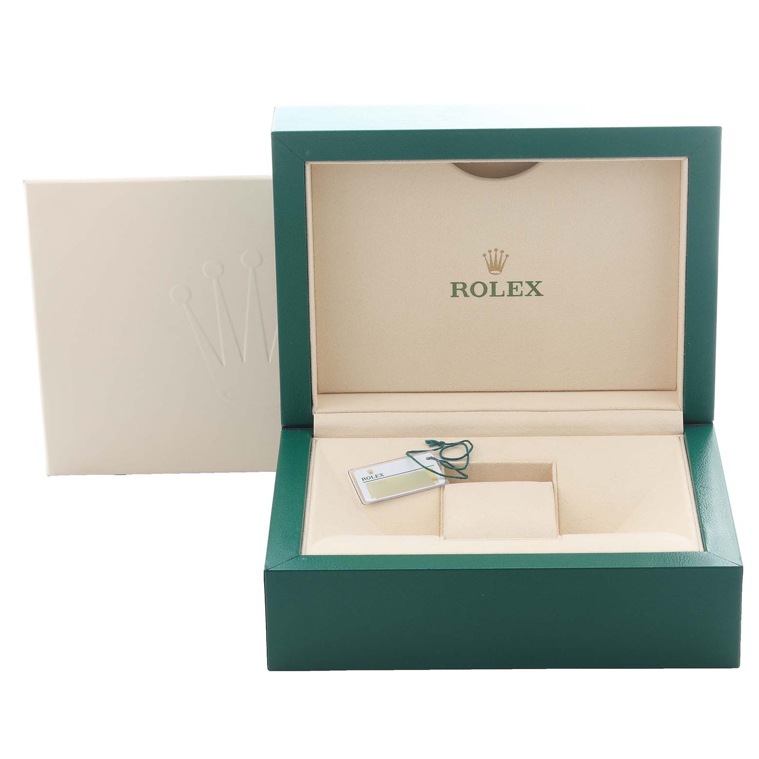 The image shows an open Rolex Daytona 116509 Men's White Gold Blue Dial 116509 Men's White Gold Blue Dial watch box with a green and beige interior and a hang tag.