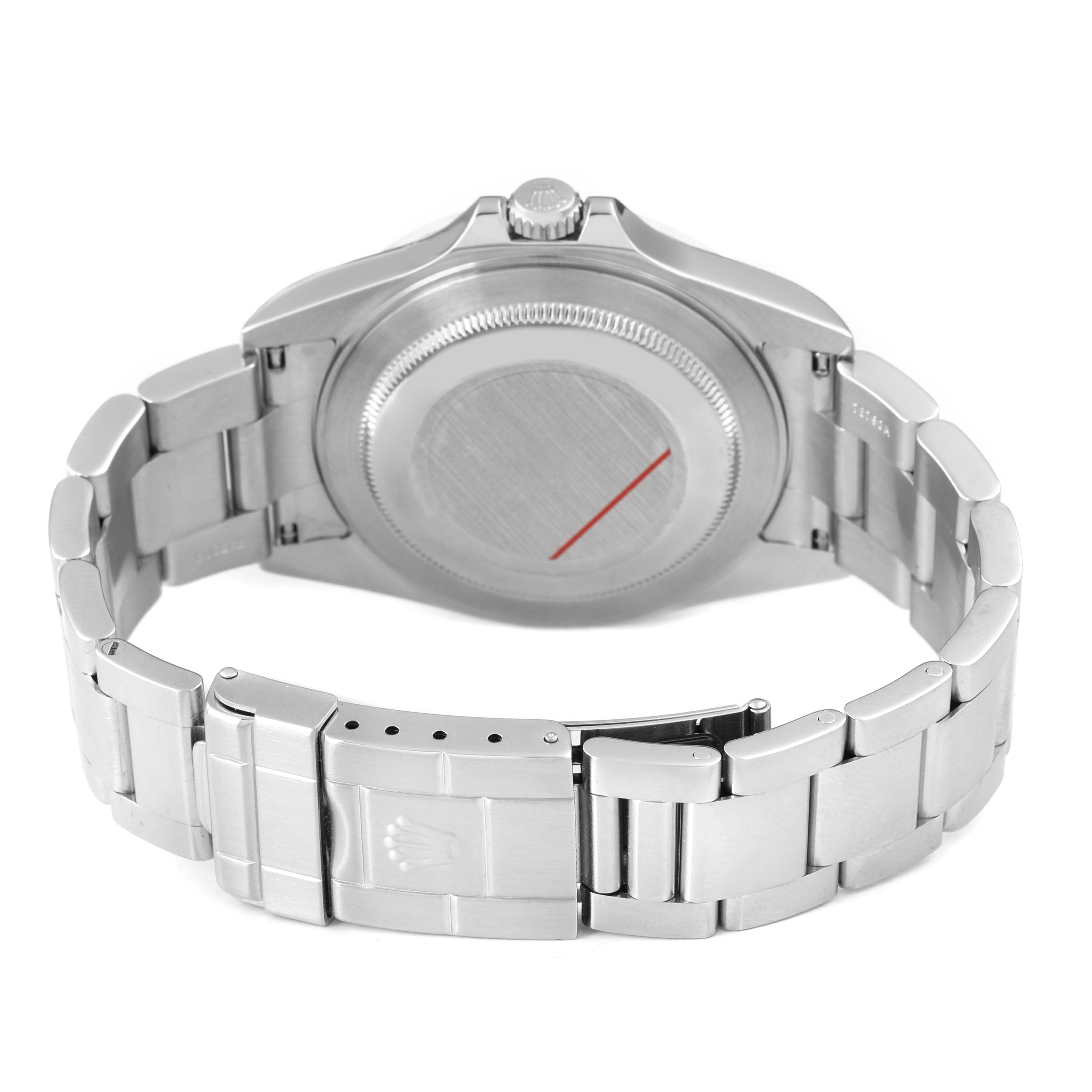 The image shows the case back and bracelet of a Rolex Explorer 16570 Men's Stainless Steel Black Dial watch from a rear angle.