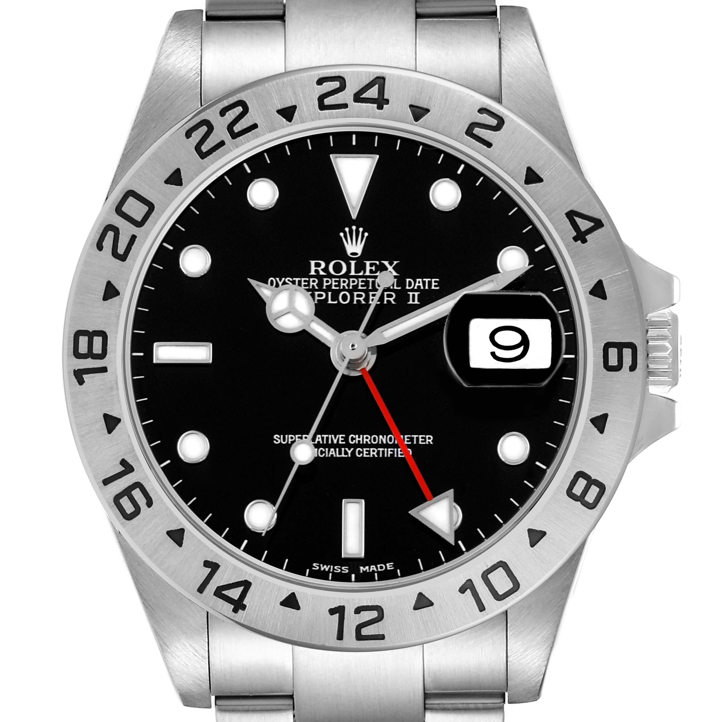 The Rolex Explorer 16570 Men's Stainless Steel Black Dial II watch is shown from a front angle, highlighting the dial, hands, bezel, and bracelet.