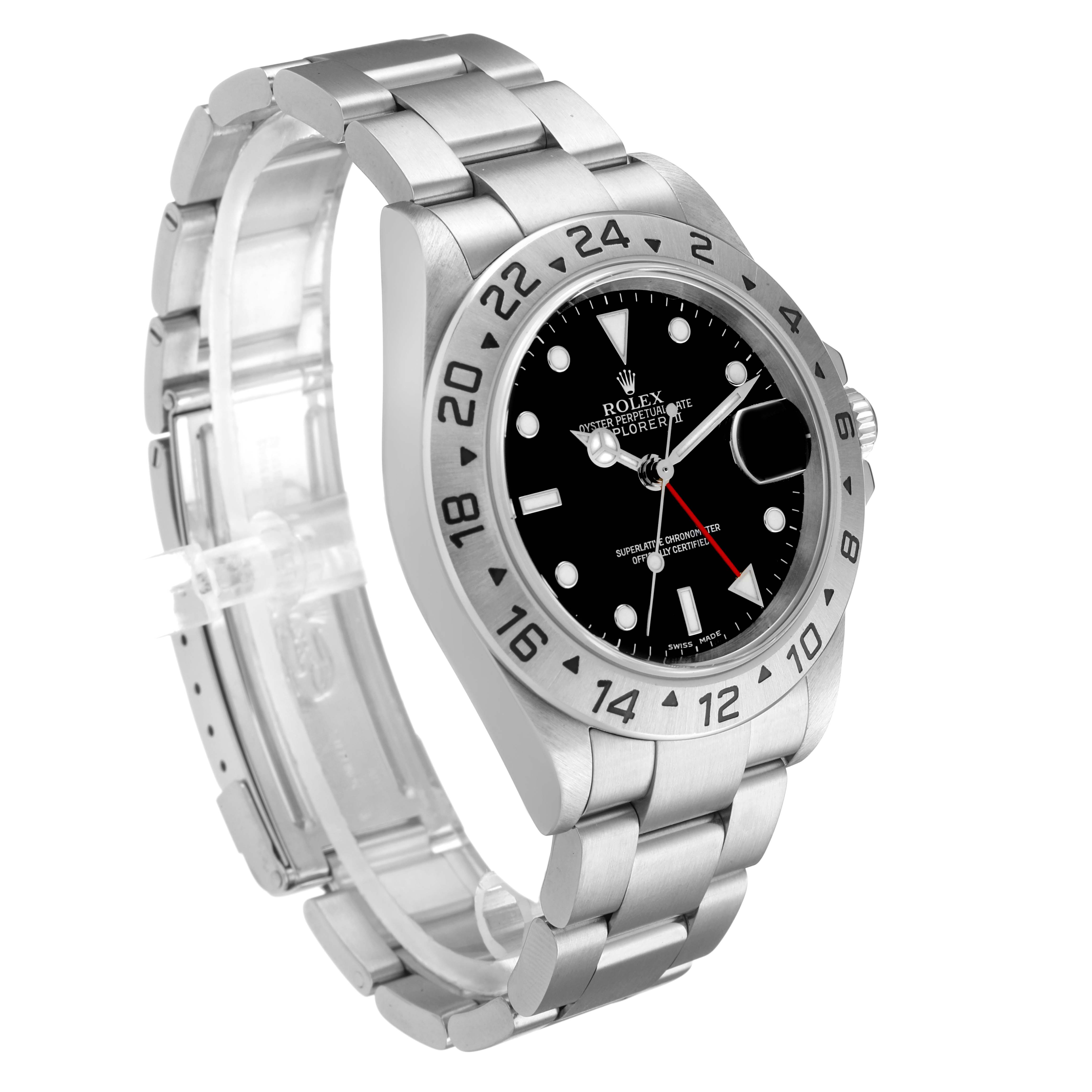 The image shows a Rolex Explorer 16570 Men's Stainless Steel Black Dial watch at a three-quarter angle, highlighting its bezel, dial, and metal bracelet.
