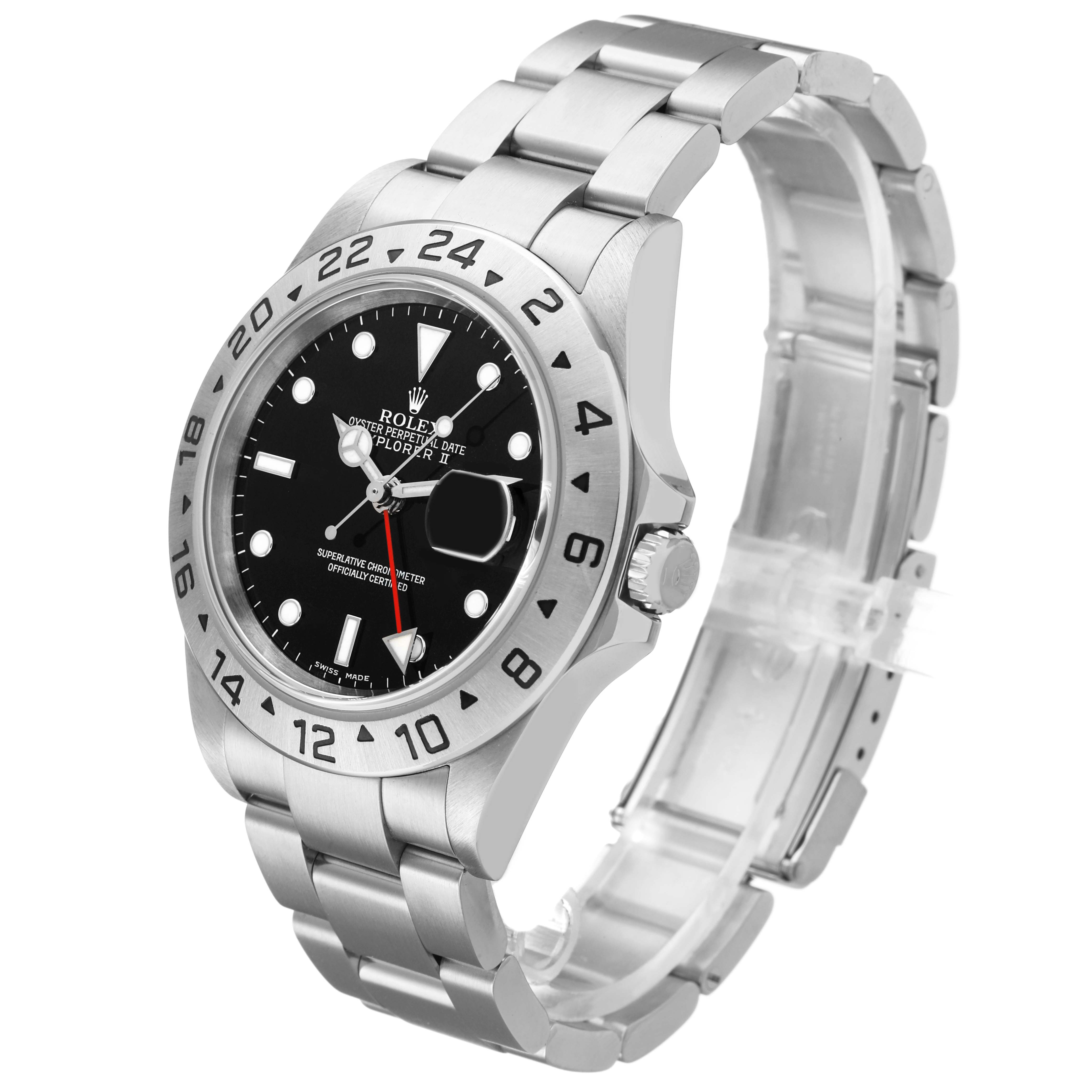 The Rolex Explorer 16570 Men's Stainless Steel Black Dial II watch is shown at a three-quarter angle, highlighting the dial, bezel, crown, and bracelet.