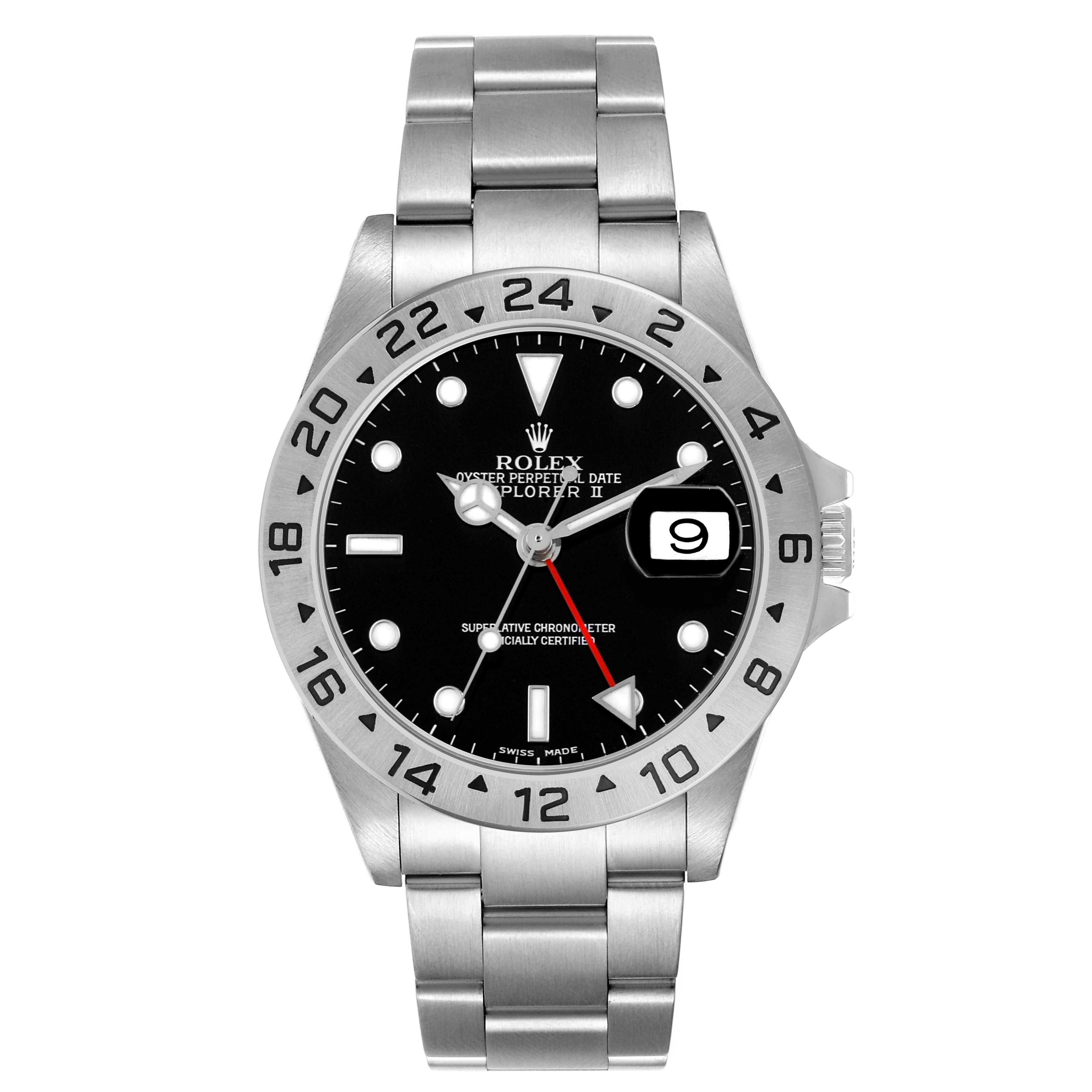 The Rolex Explorer 16570 Men's Stainless Steel Black Dial watch is shown from a front view, displaying the dial, bezel, and bracelet.