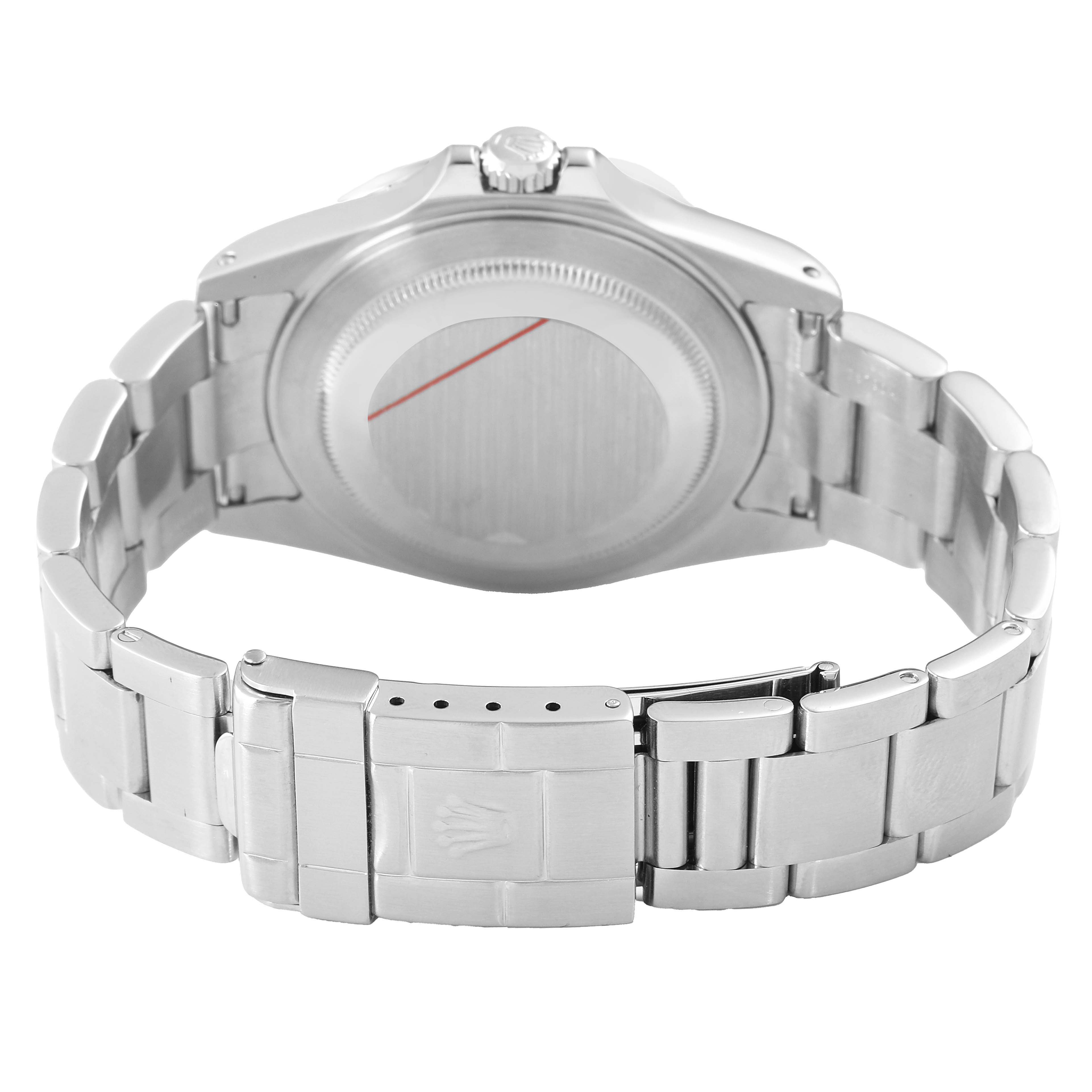 The image shows the back of a Rolex Explorer 16570 Men's Stainless Steel White Dial watch, detailing the case back, bracelet, and clasp.