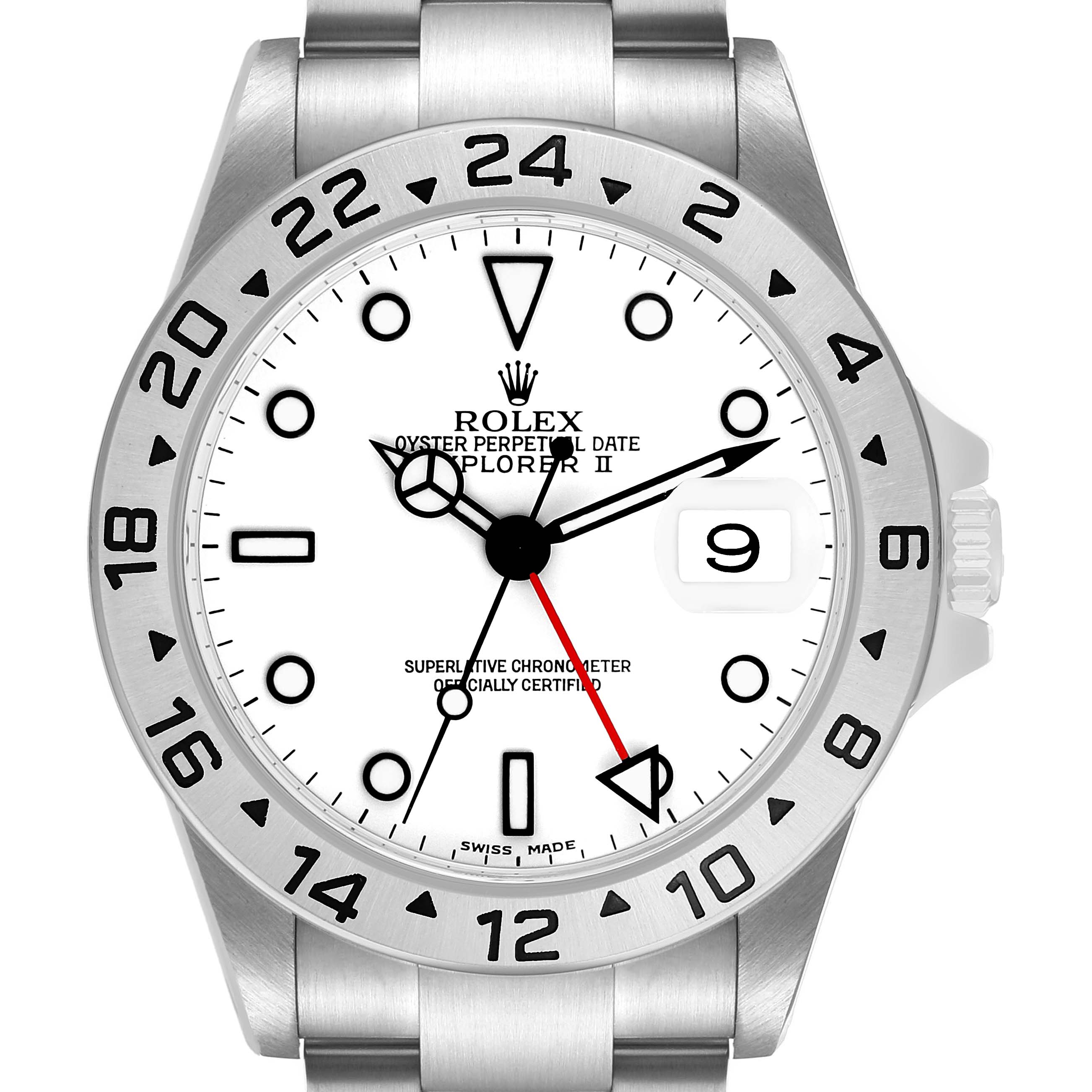 The Rolex Explorer 16570 Men's Stainless Steel White Dial II watch is shown from the front, displaying the face, bezel, and part of the bracelet.