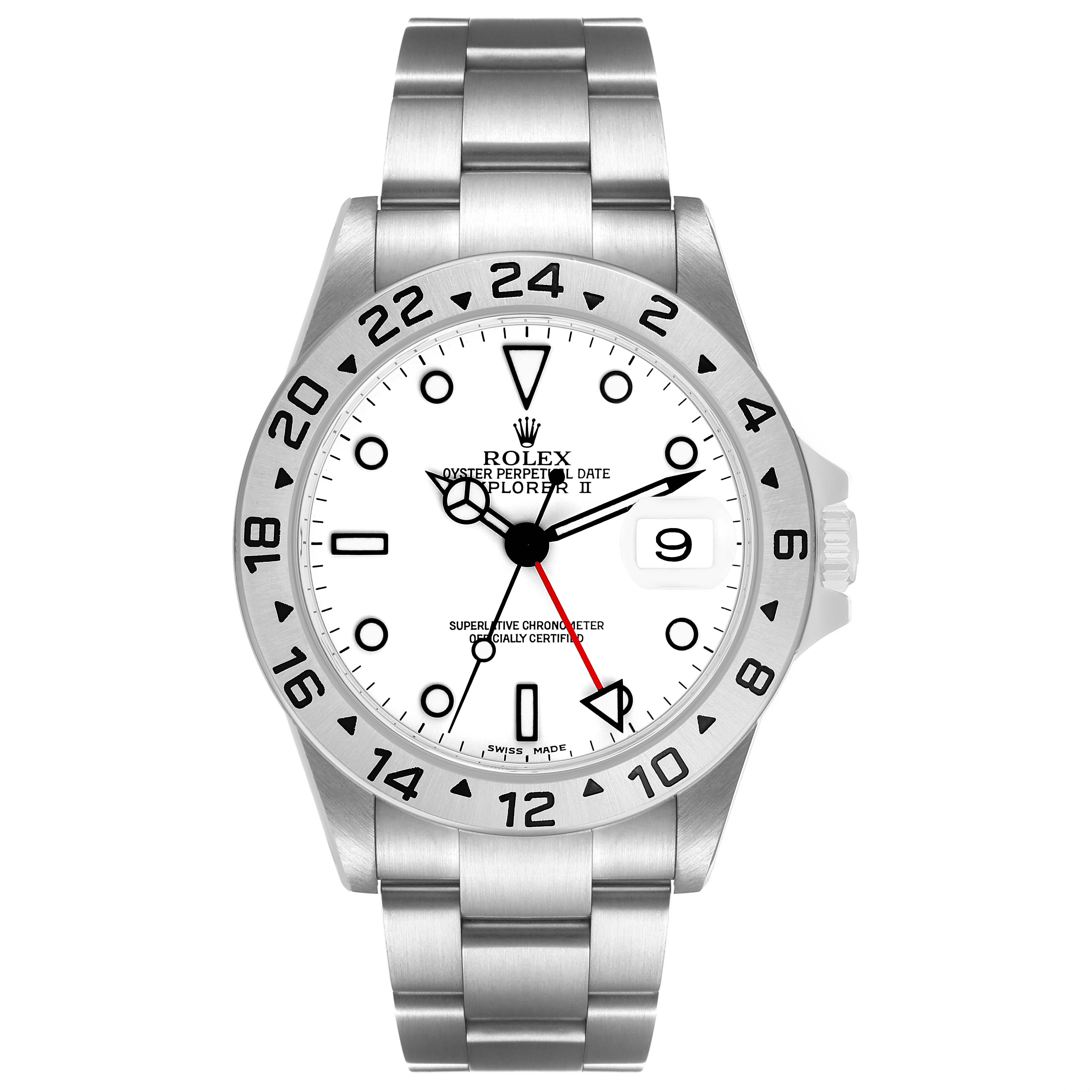 The image shows a frontal view of the Rolex Explorer 16570 Men's Stainless Steel White Dial II, highlighting the face, bezel, and bracelet.