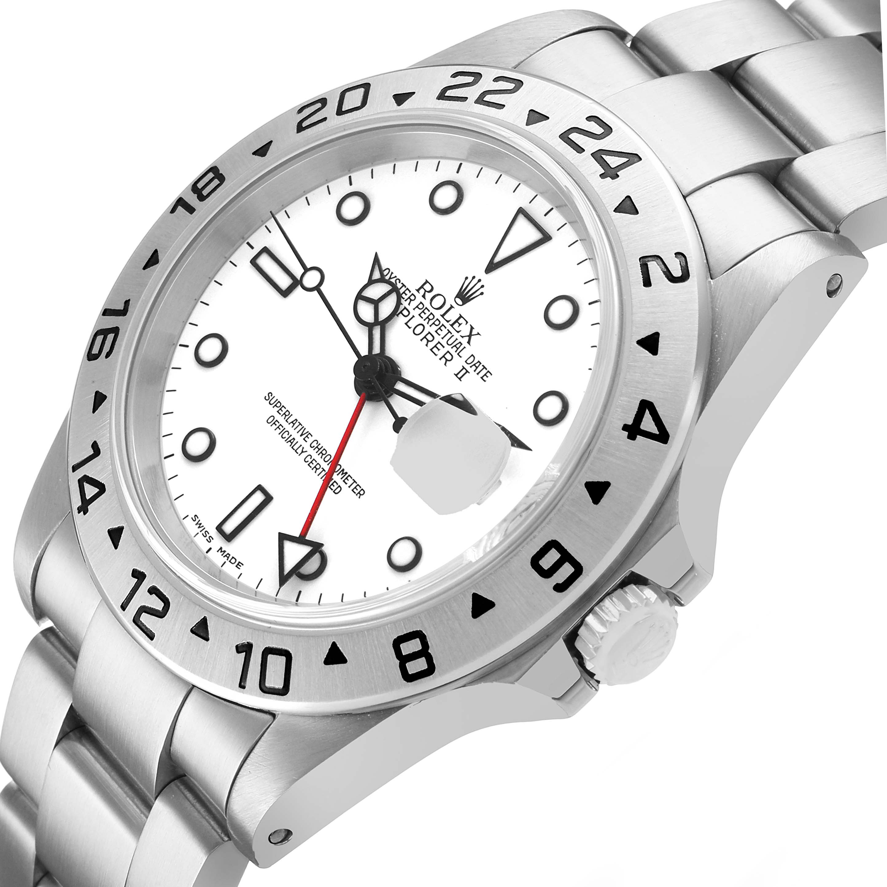 The image shows a Rolex Explorer 16570 Men's Stainless Steel White Dial watch at an angled view, highlighting the bezel, dial, and bracelet.