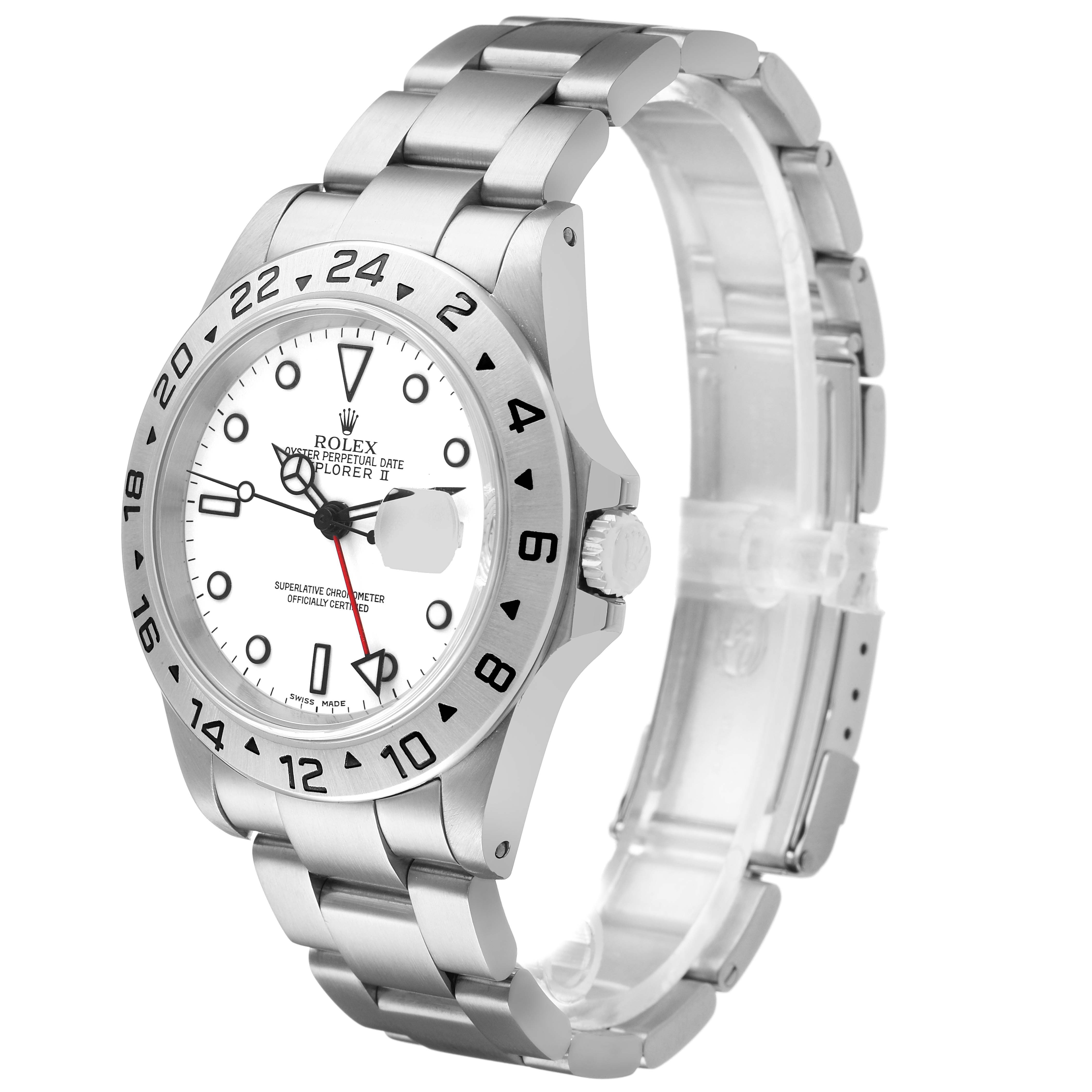 The Rolex Explorer 16570 Men's Stainless Steel White Dial watch is shown from a side angle, displaying the face, bezel, crown, and partially the bracelet.