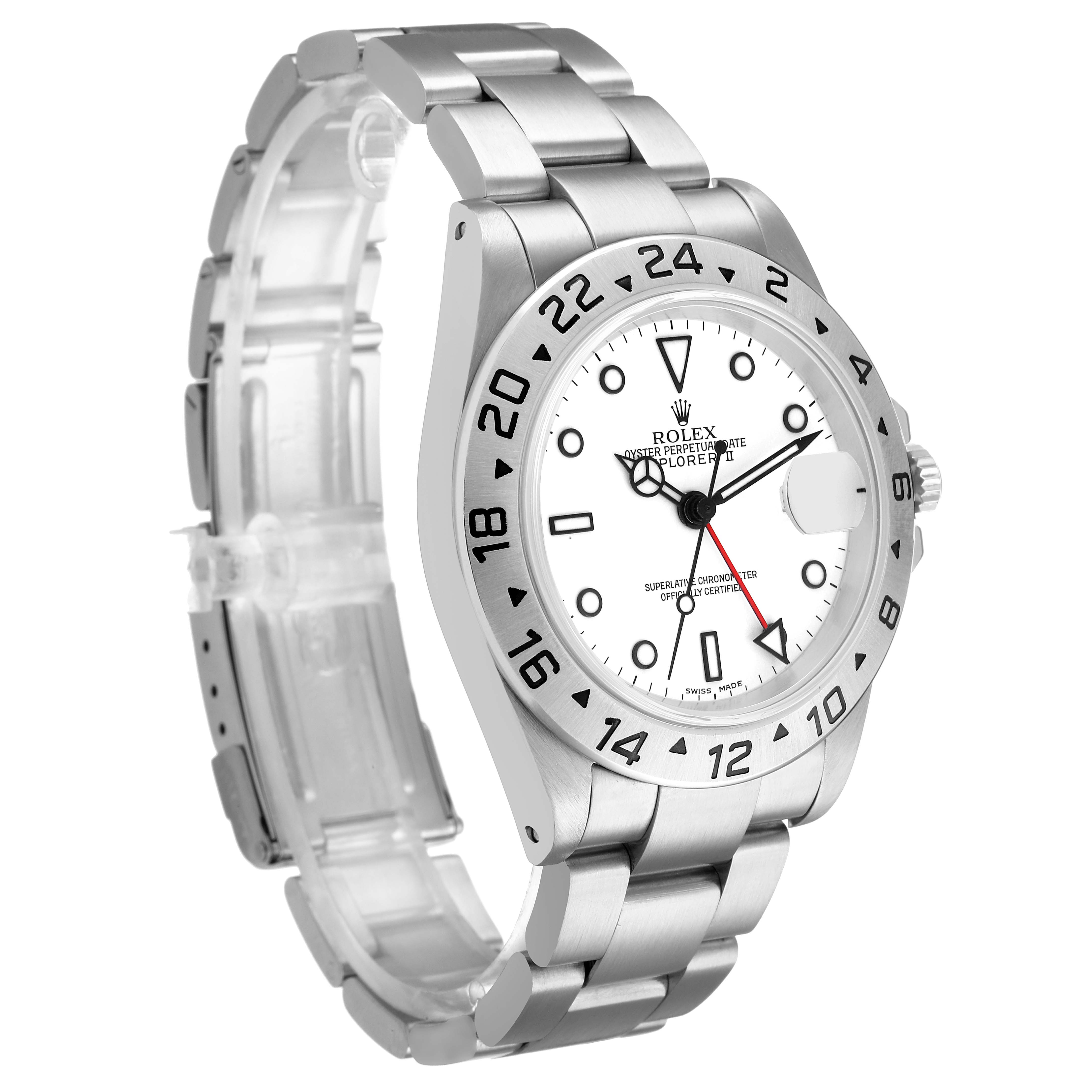 The Rolex Explorer 16570 Men's Stainless Steel White Dial watch is shown at a three-quarter angle, highlighting the face, bezel, and bracelet.