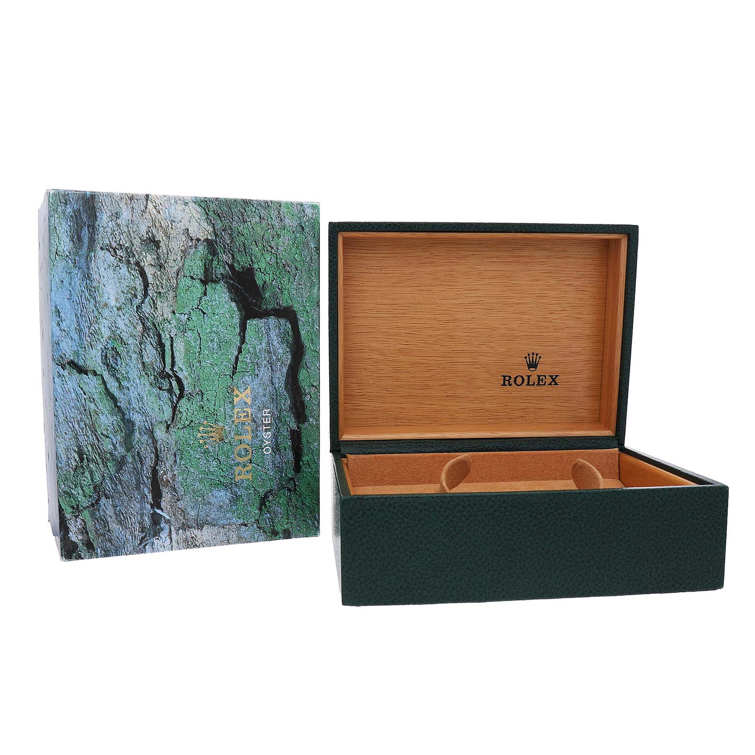 The image shows the open box and outer packaging for the Rolex Explorer 16570 Men's Stainless Steel White Dial.