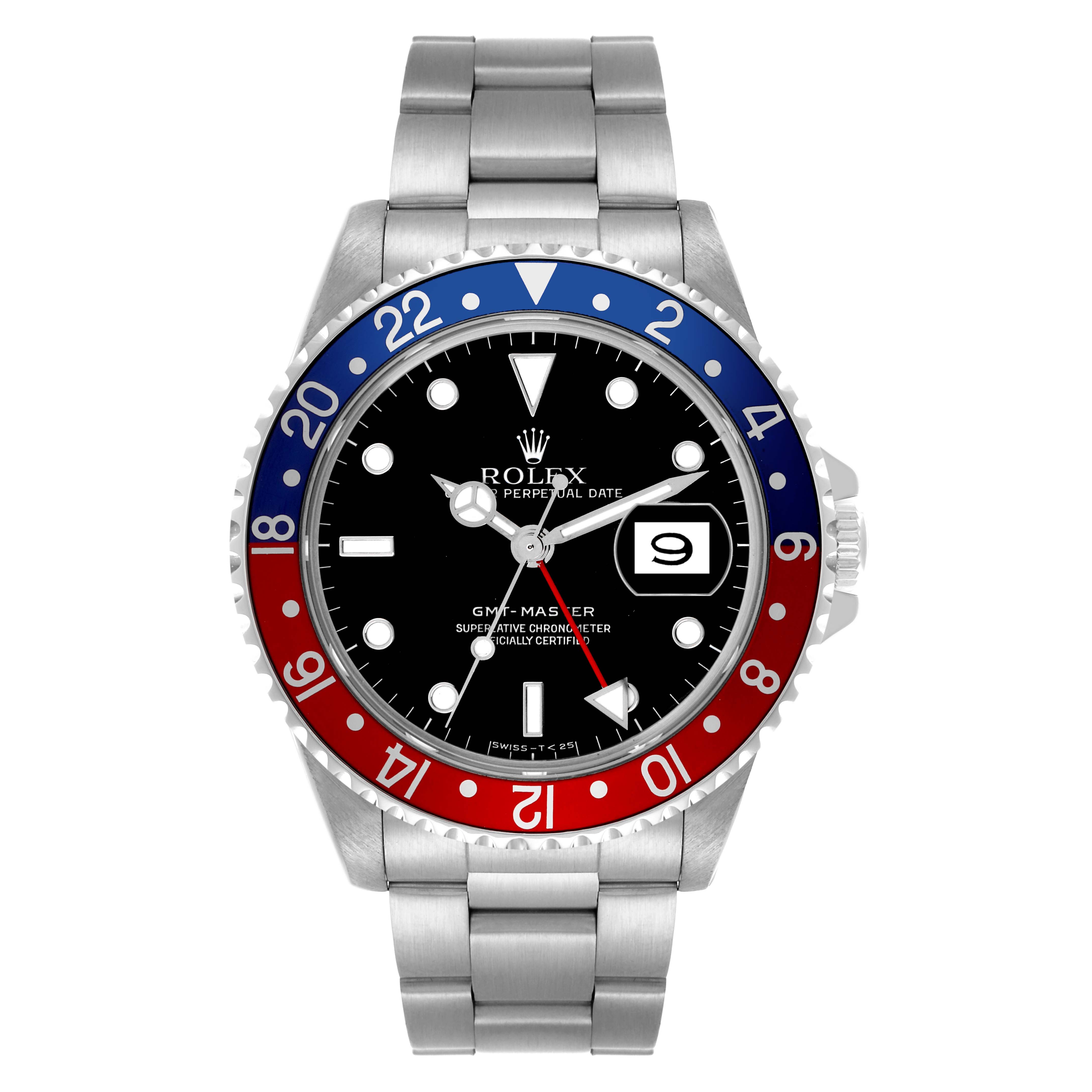 The Rolex GMT-Master 16700 Men's Stainless Steel Black Dial 16700 Men's Stainless Steel Black Dial watch is shown from a front angle, displaying the bezel, dial, hands, date window, and part of the bracelet.
