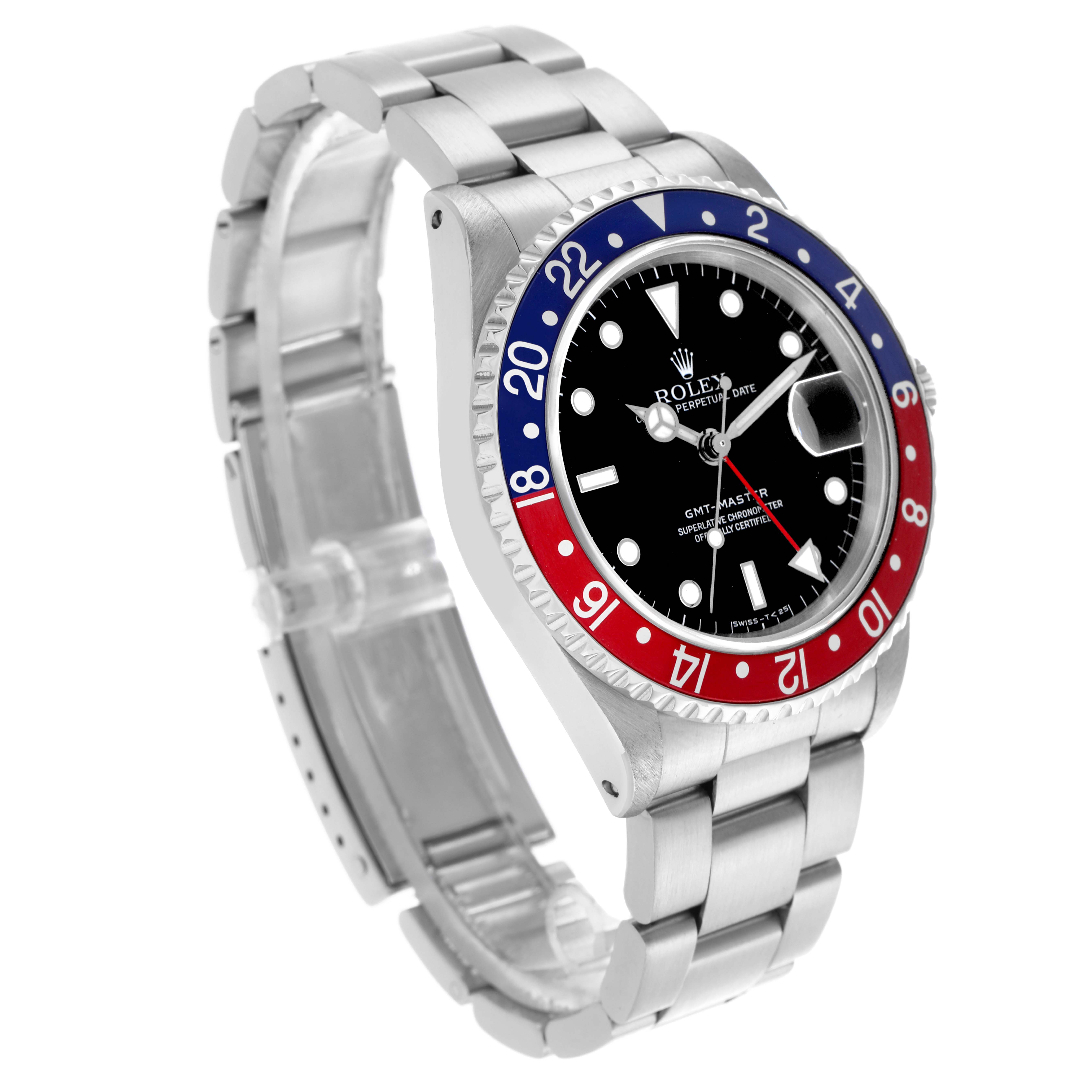 This Rolex GMT-Master 16700 Men's Stainless Steel Black Dial 16700 Men's Stainless Steel Black Dial watch is shown at an oblique angle, highlighting its bezel, dial, case, and bracelet.