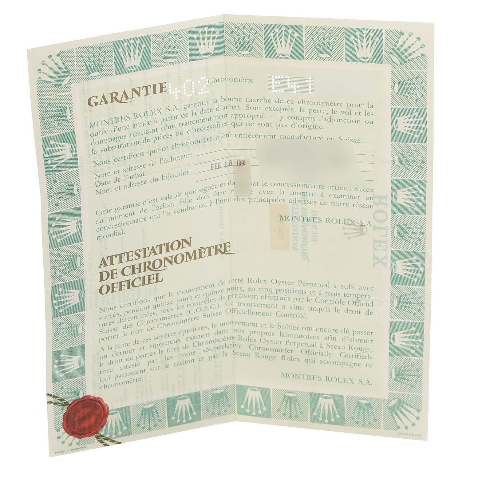 The image shows the warranty and chronometer certificate for a Rolex GMT-Master 16700 Men's Stainless Steel Black Dial 16700 Men's Stainless Steel Black Dial watch, featuring a green border and red seal.