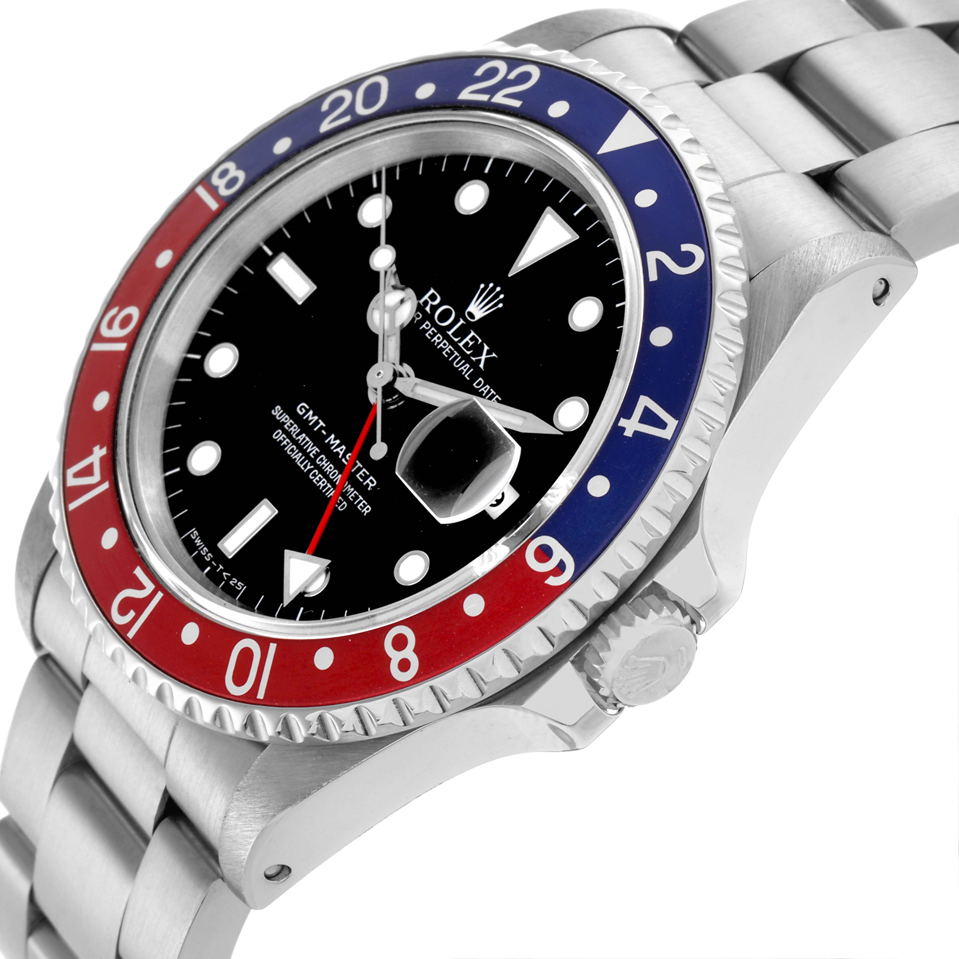 The Rolex GMT-Master 16700 Men's Stainless Steel Black Dial 16700 Men's Stainless Steel Black Dial watch is shown at an angle highlighting the bezel, face, and partial bracelet.