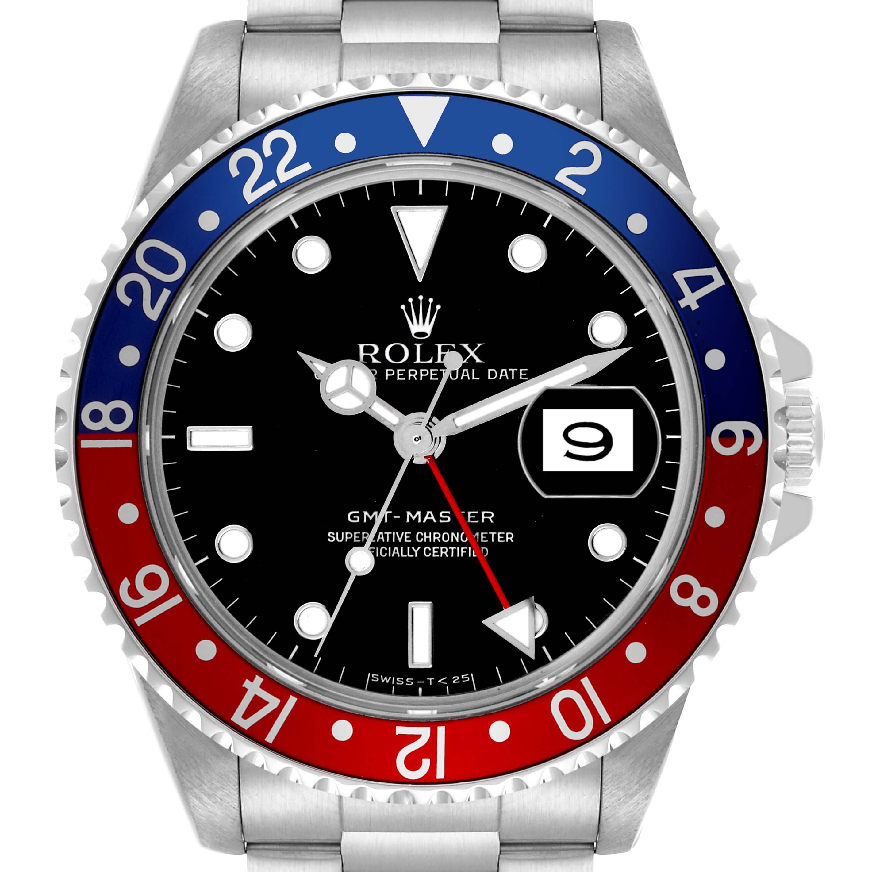 The Rolex GMT-Master 16700 Men's Stainless Steel Black Dial 16700 Men's Stainless Steel Black Dial watch is shown from the front, highlighting the bezel, dial, hands, and date feature.