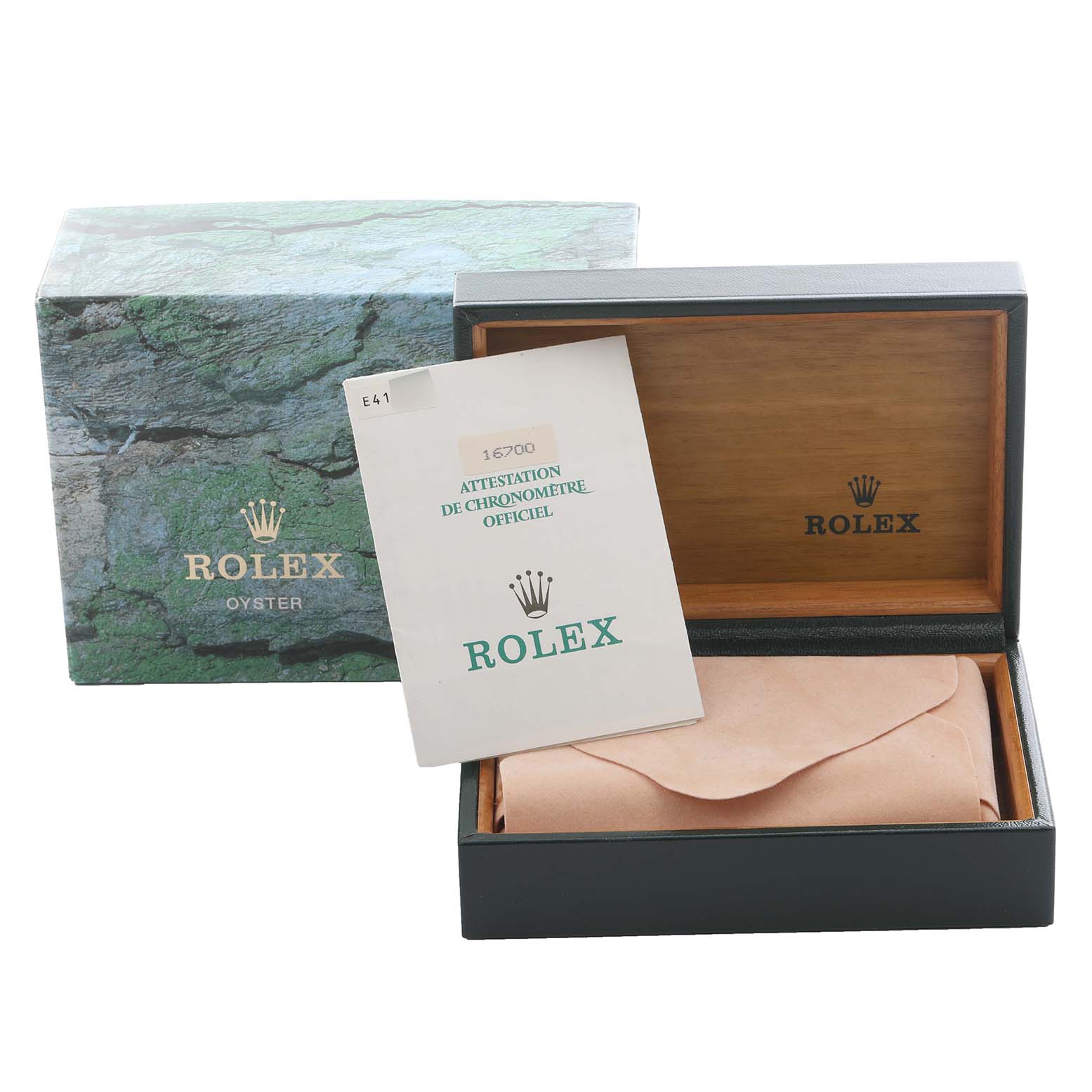 The image shows a Rolex GMT-Master 16700 Men's Stainless Steel Black Dial 16700 Men's Stainless Steel Black Dial box set, including the outer box, wooden display box, and official certification document.