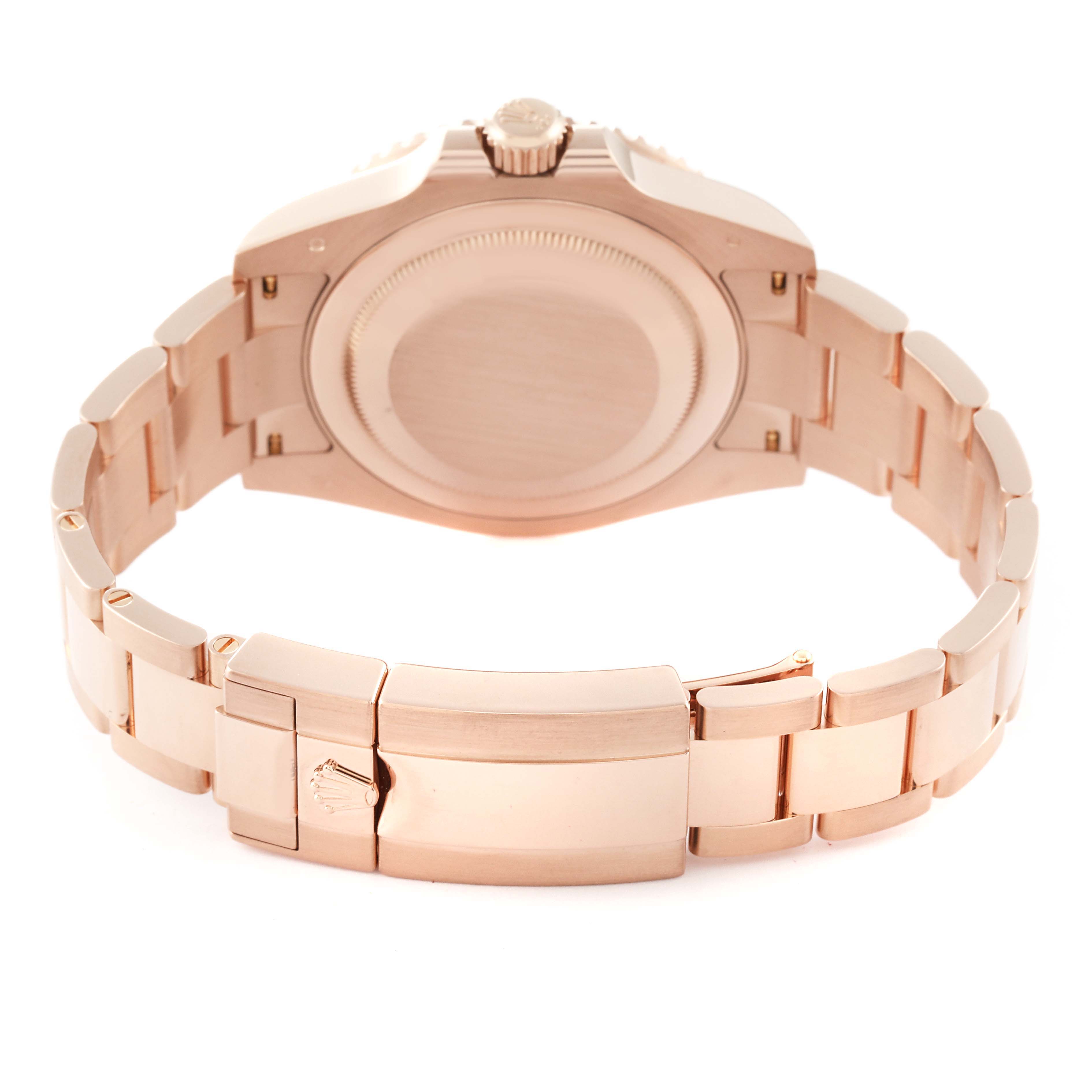 This is a rear view of a Rolex GMT-Master 126715CHNR Men
s Rose Gold Black Dial 126715CHNR Men
s Rose Gold Black Dial watch, showing the case back and bracelet clasp.