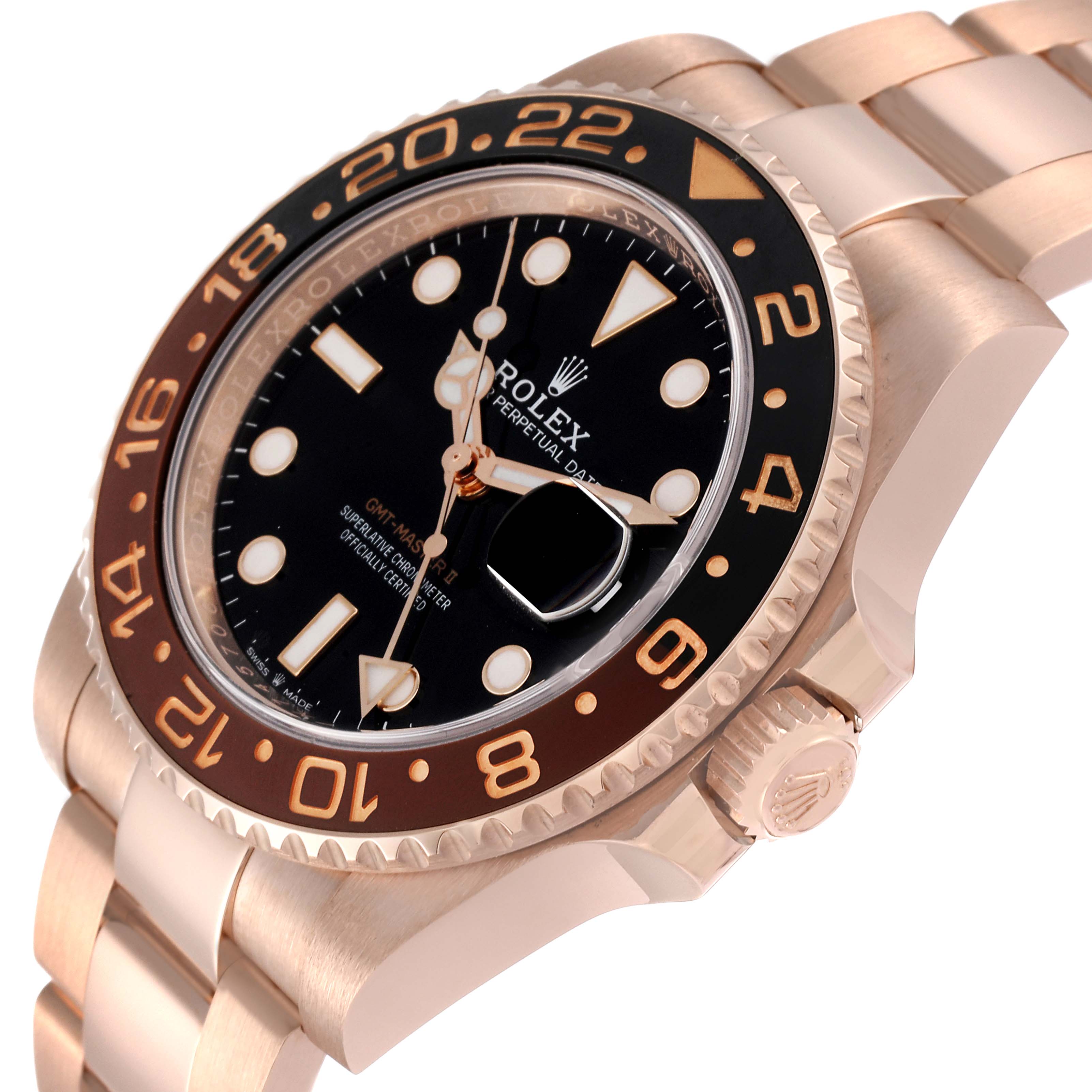 The image shows a side angle view of the Rolex GMT-Master 126715CHNR Men
s Rose Gold Black Dial 126715CHNR Men
s Rose Gold Black Dial watch, highlighting the bezel, crown, dial, and bracelet.