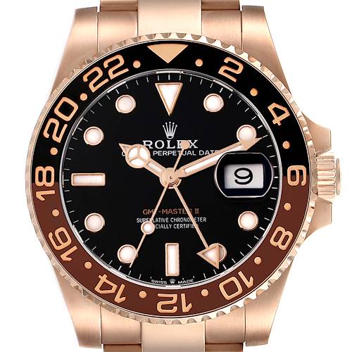 Photo of Rolex GMT Master II Black Brown Root Beer Rose Gold Mens Watch 126715 Box Card