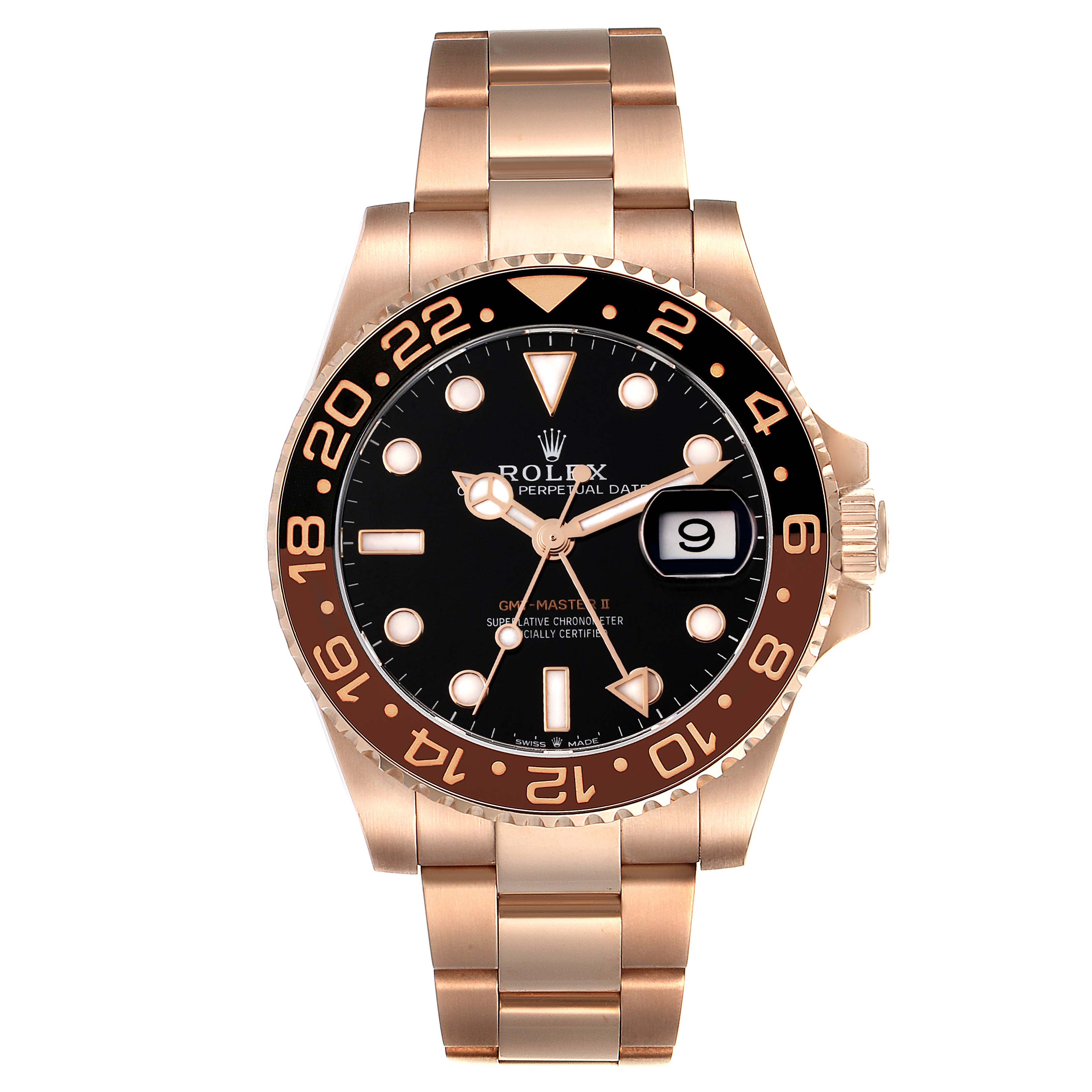 The Rolex GMT-Master 126715CHNR Men
s Rose Gold Black Dial 126715CHNR Men
s Rose Gold Black Dial watch is shown from a front angle, displaying its dial, bezel, and bracelet.