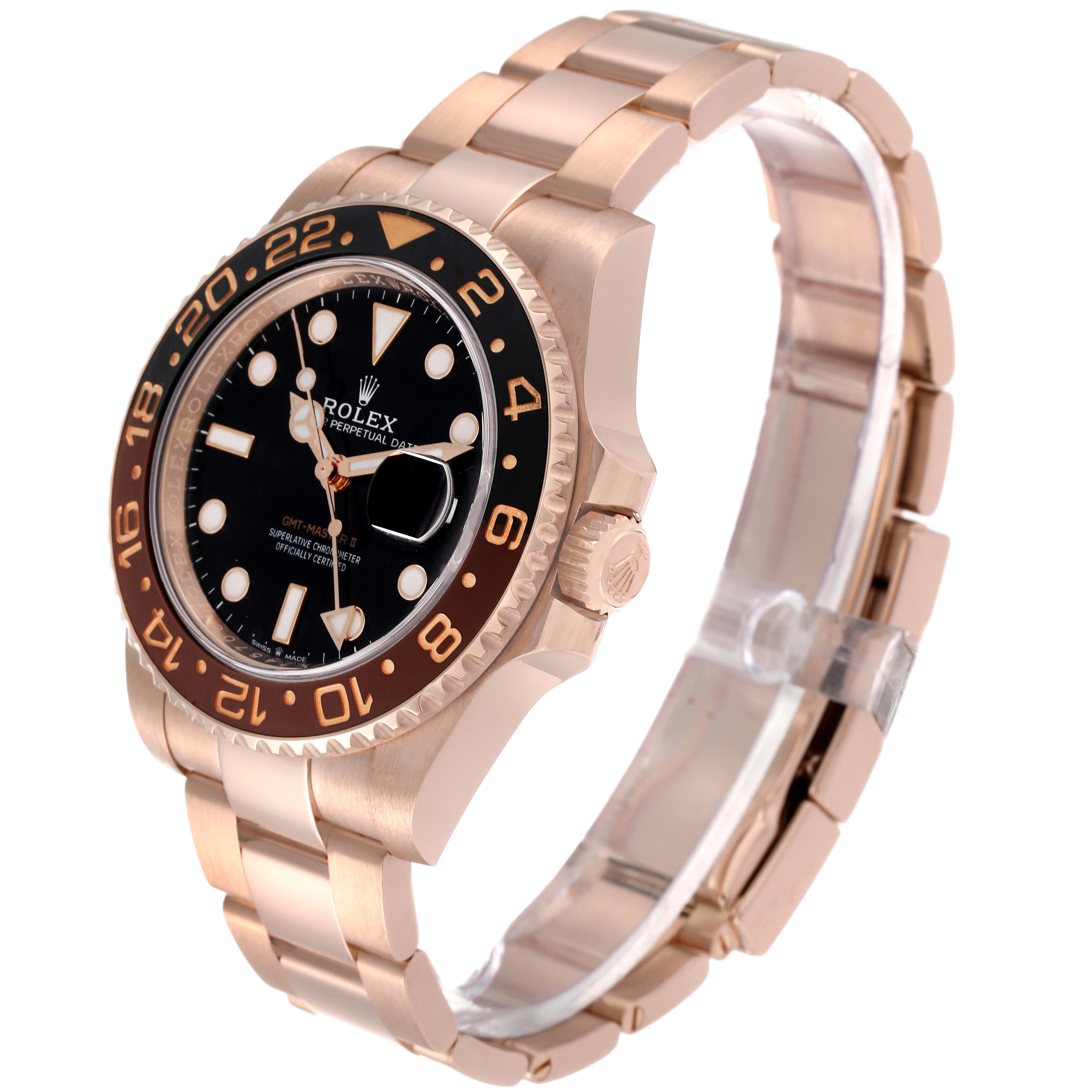 The image shows a side angle of a Rolex GMT-Master 126715CHNR Men
s Rose Gold Black Dial 126715CHNR Men
s Rose Gold Black Dial watch, displaying the face, bezel, crown, bracelet, and clasp.