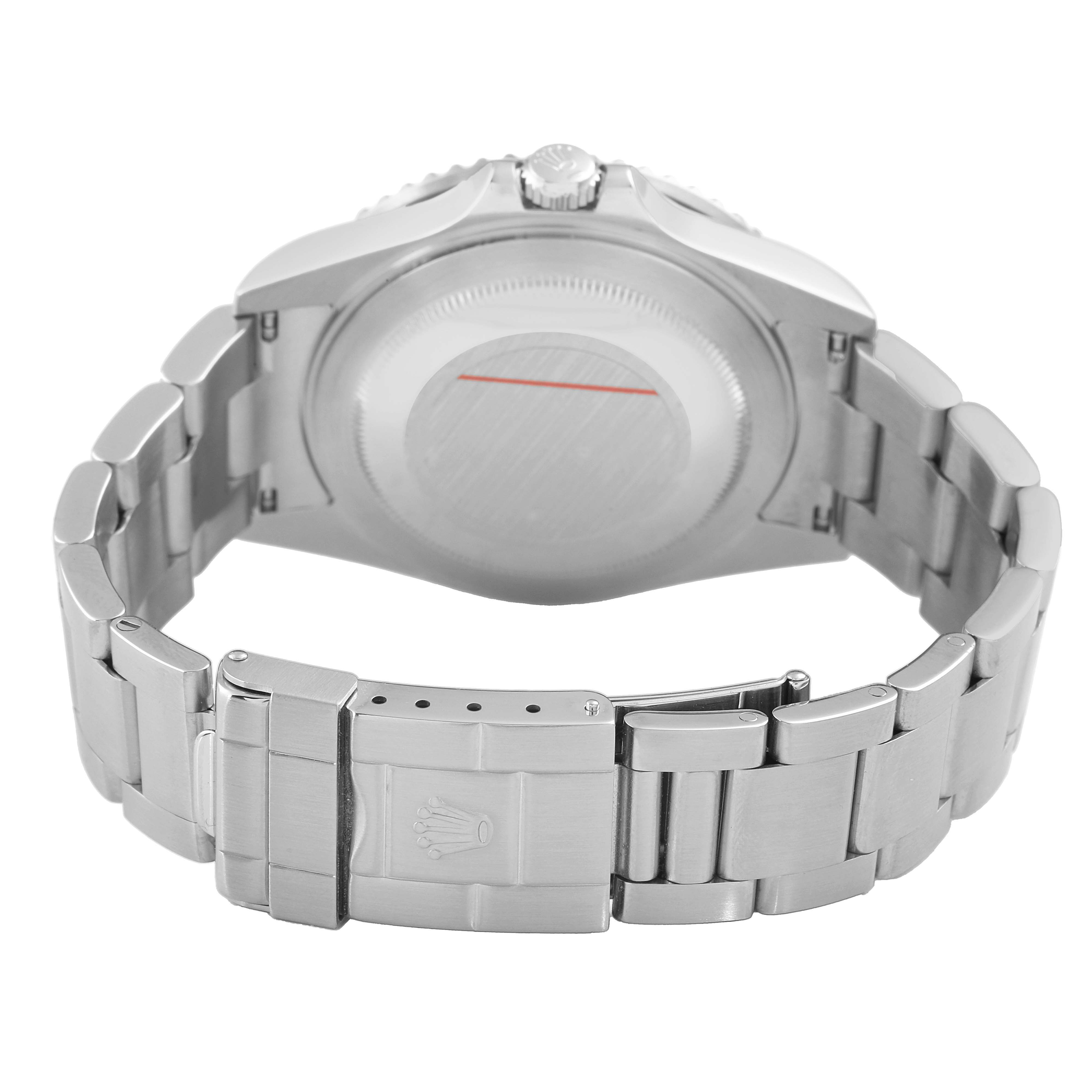 The image shows the back and bracelet clasp of a Rolex GMT-Master 16710 Men's Stainless Steel Black Dial watch from a backside angle.