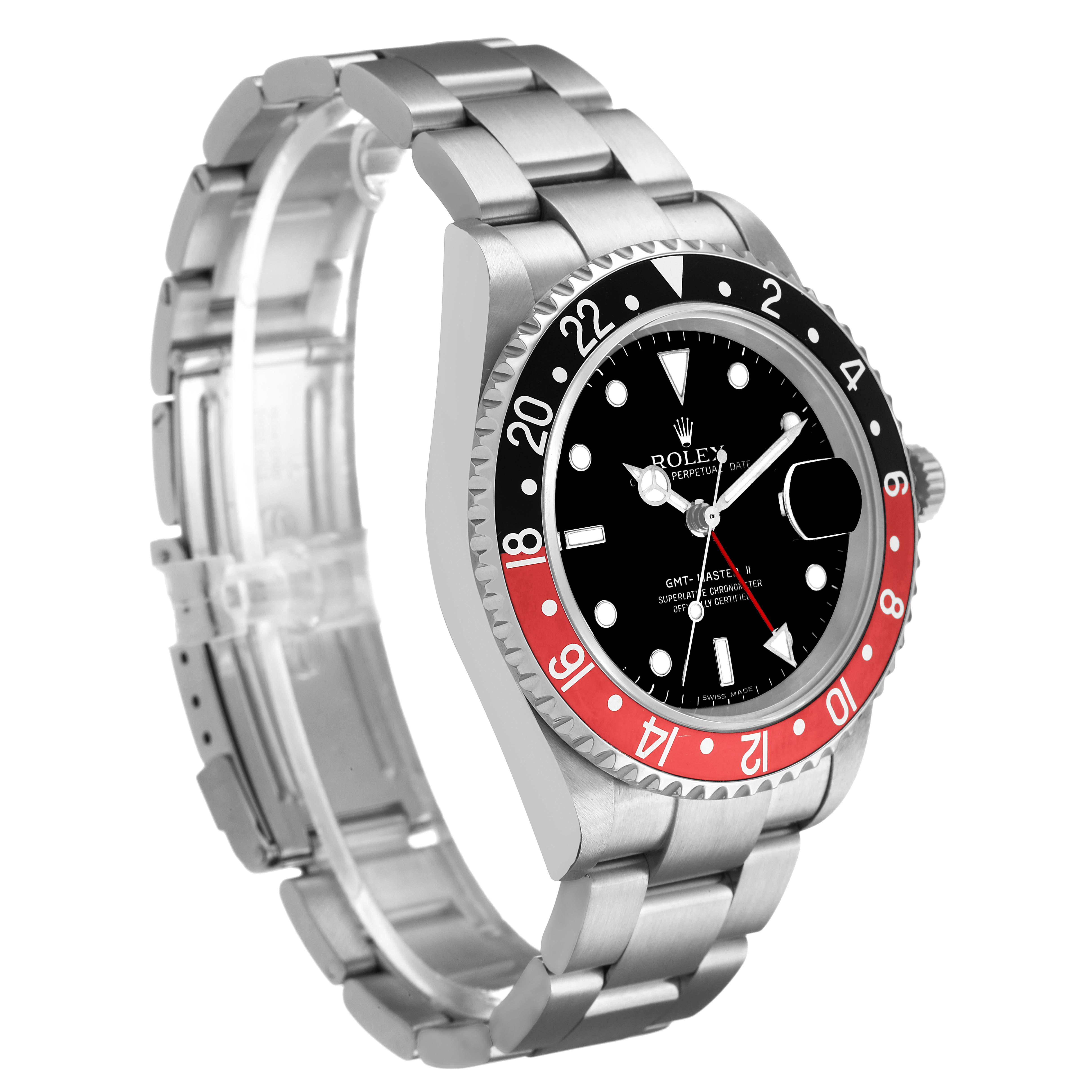 The Rolex GMT-Master 16710 Men's Stainless Steel Black Dial watch is shown at a three-quarter angle, highlighting the face, bezel, and part of the bracelet.