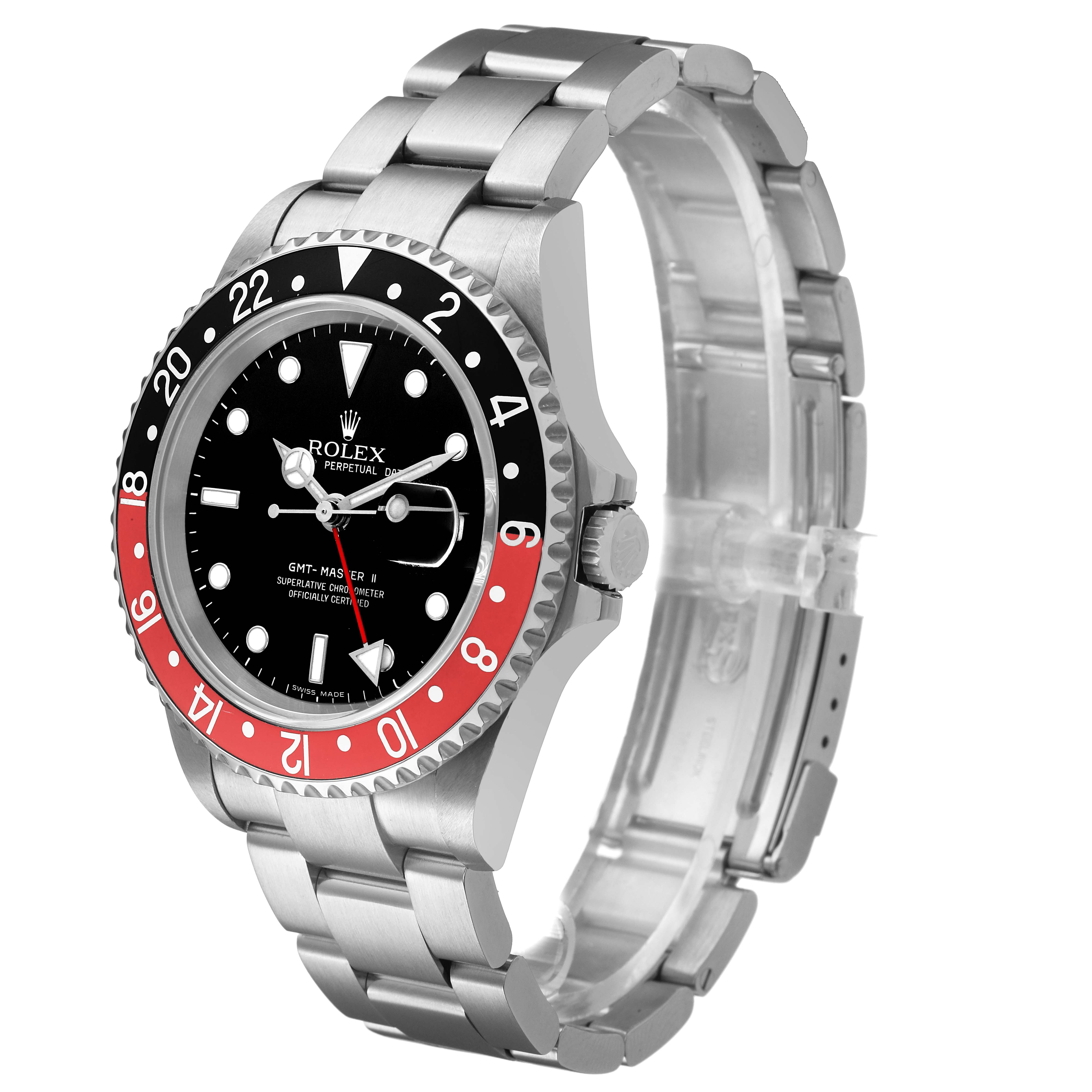 The Rolex GMT-Master 16710 Men's Stainless Steel Black Dial watch is shown from a side angle, highlighting the bezel, dial, and metal bracelet.