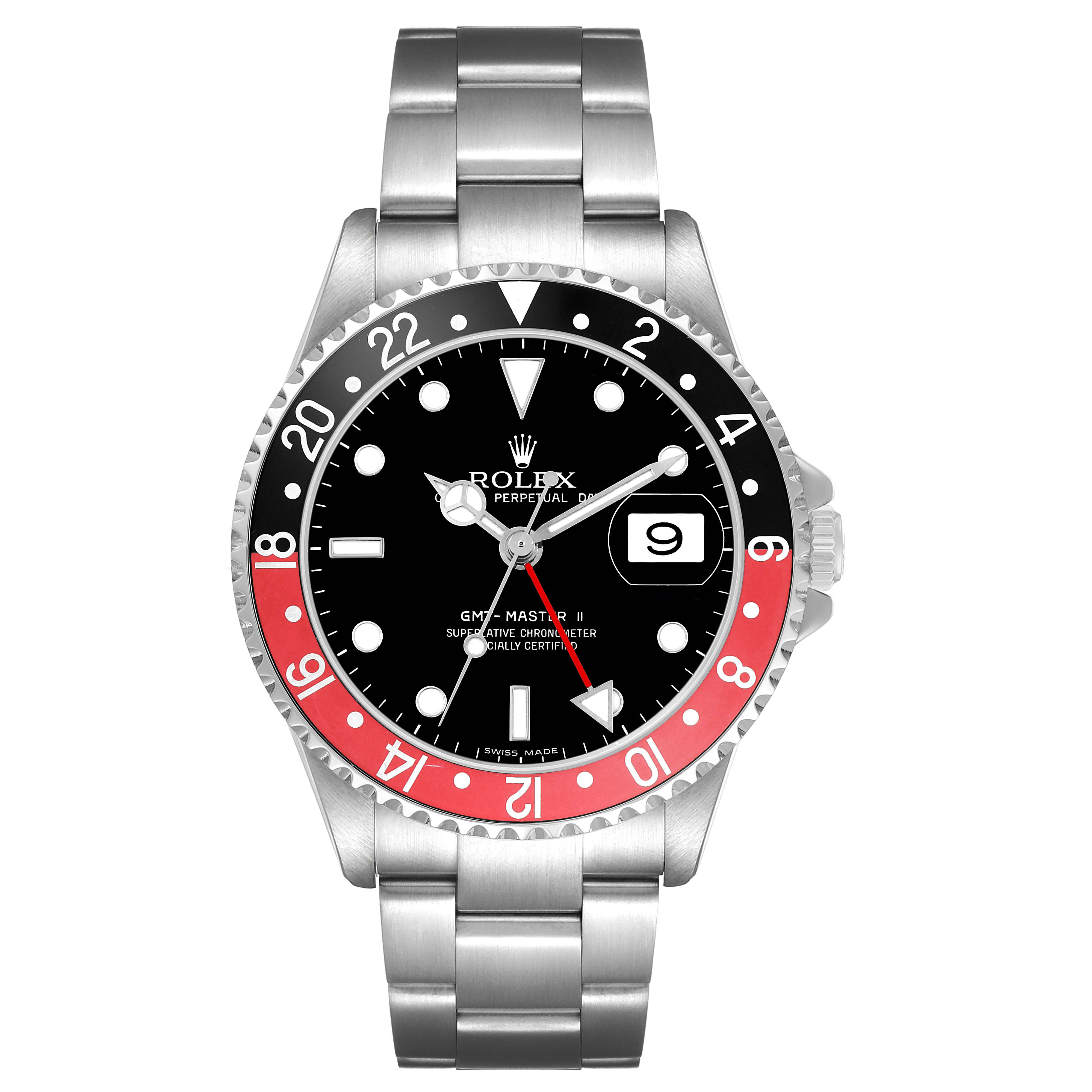 The image shows a frontal view of the Rolex GMT-Master 16710 Men's Stainless Steel Black Dial, highlighting the bezel, dial, hands, and bracelet.