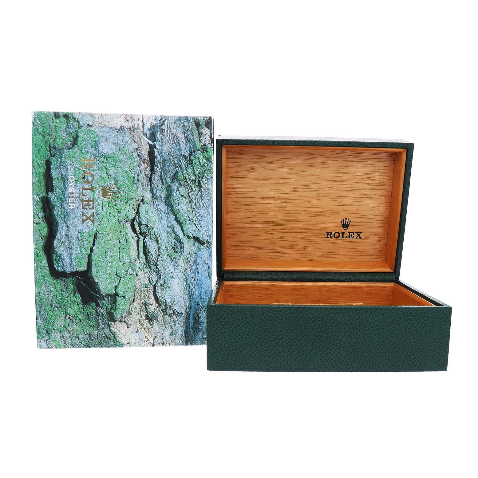 The image shows an open Rolex GMT-Master 16710 Men's Stainless Steel Black Dial watch box and its outer cover, displaying the brand logos.