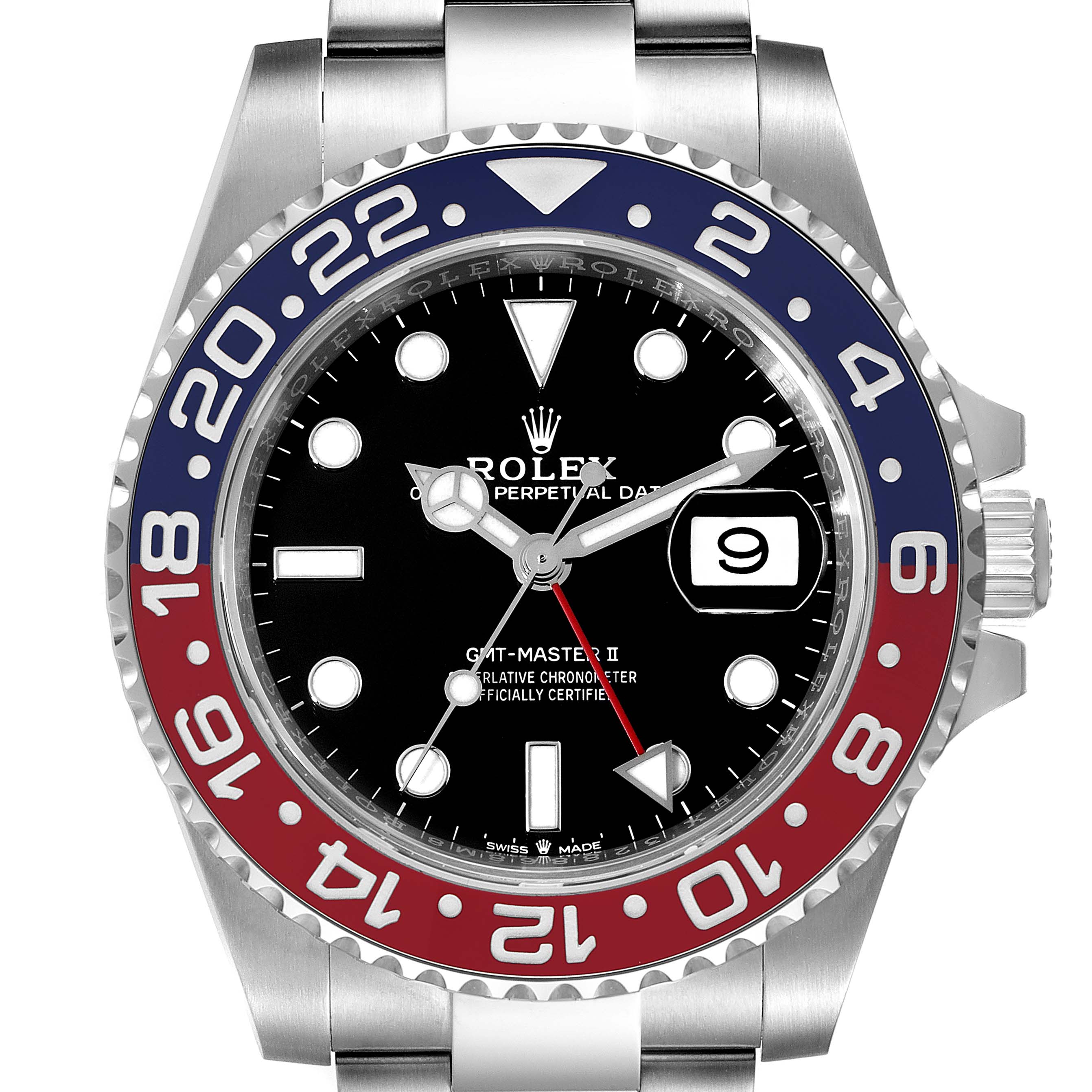 The image shows a front view of the Rolex GMT-Master 126710BLRO Men
s Stainless Steel Black Dial 126710BLRO Men
s Stainless Steel Black Dial II watch, highlighting its dial, bezel, crown, and bracelet.