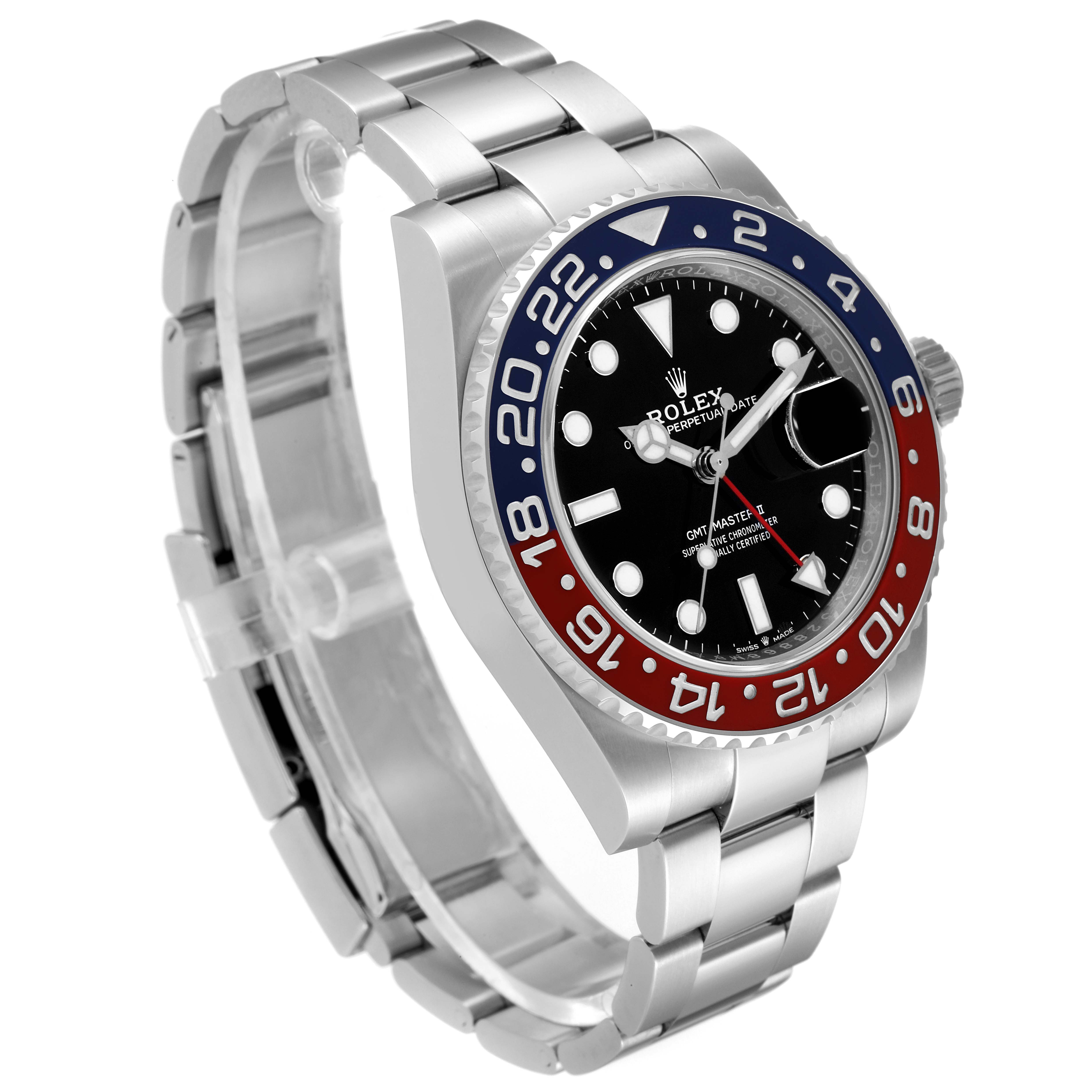 The image shows a side angle view of the Rolex GMT-Master 126710BLRO Men
s Stainless Steel Black Dial 126710BLRO Men
s Stainless Steel Black Dial watch, displaying its bezel, dial, and bracelet.