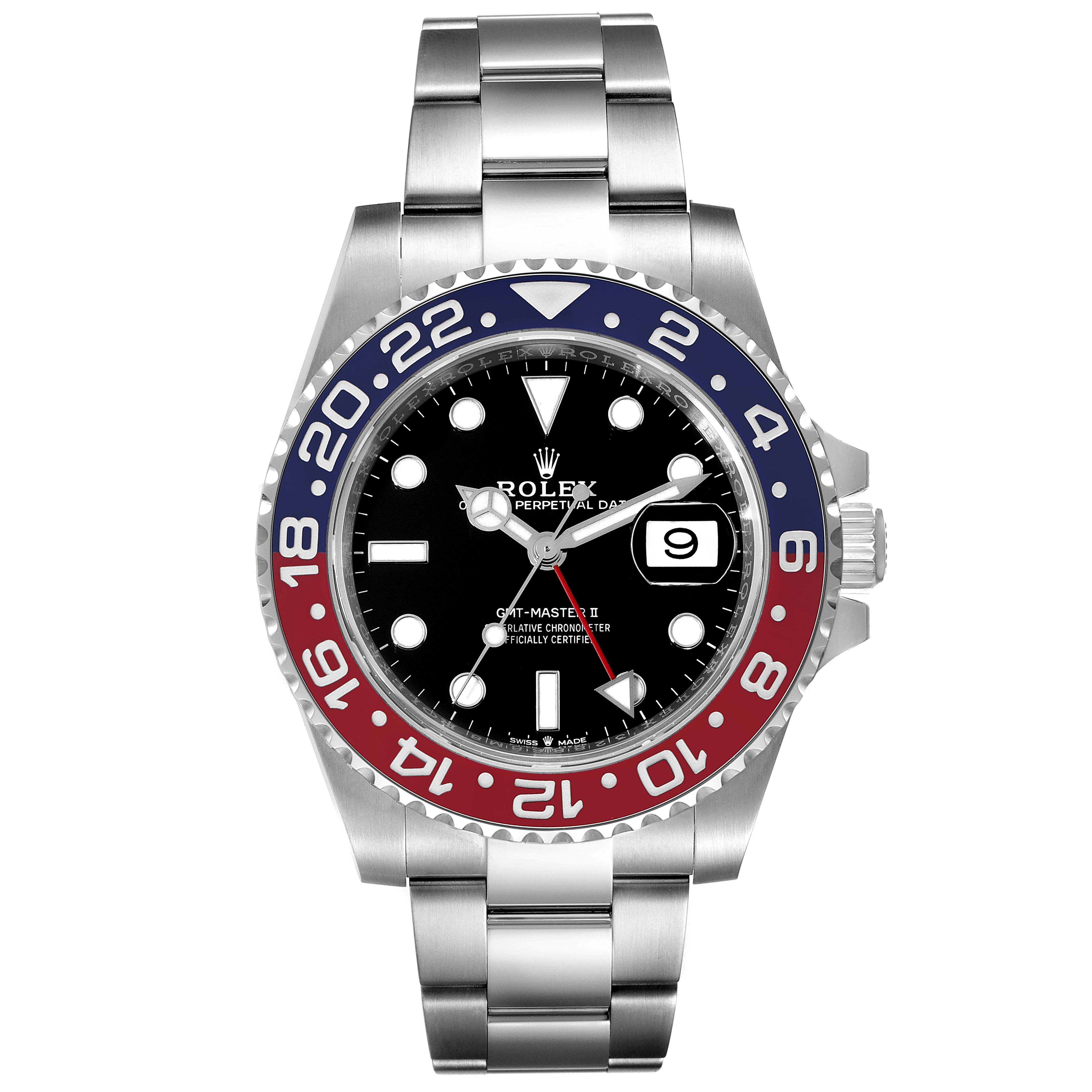This image shows a frontal view of the Rolex GMT-Master 126710BLRO Men
s Stainless Steel Black Dial 126710BLRO Men
s Stainless Steel Black Dial II watch, highlighting the dial, bezel, and bracelet.