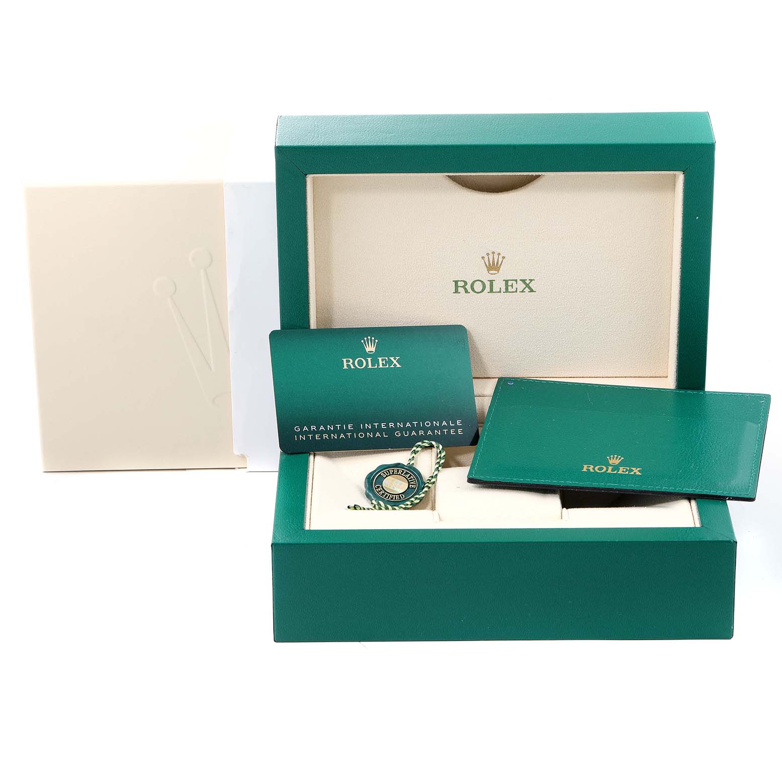The image shows a Rolex GMT-Master 126710BLRO Men
s Stainless Steel Black Dial 126710BLRO Men
s Stainless Steel Black Dial watch box, guarantee card, booklet, and tag from a front angle.